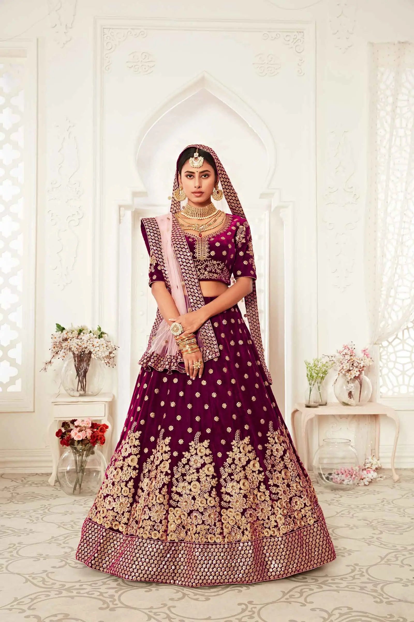Wine Red Velvet Lehenga With Thread Zari Dori And Sequins Embroidery Work | Ready To Wear - qivii