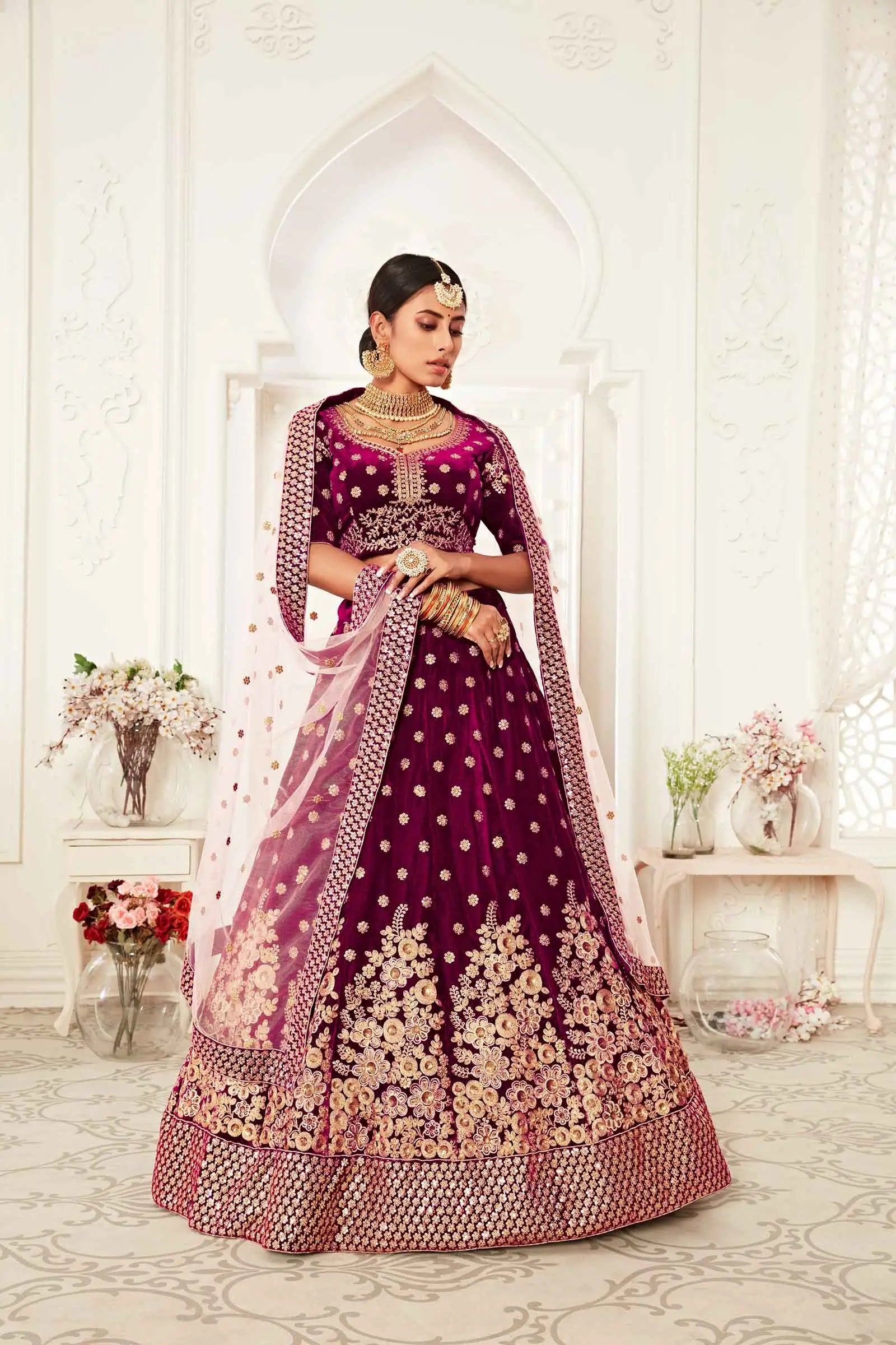 Wine Red Velvet Lehenga With Thread Zari Dori And Sequins Embroidery Work | Ready To Wear - qivii