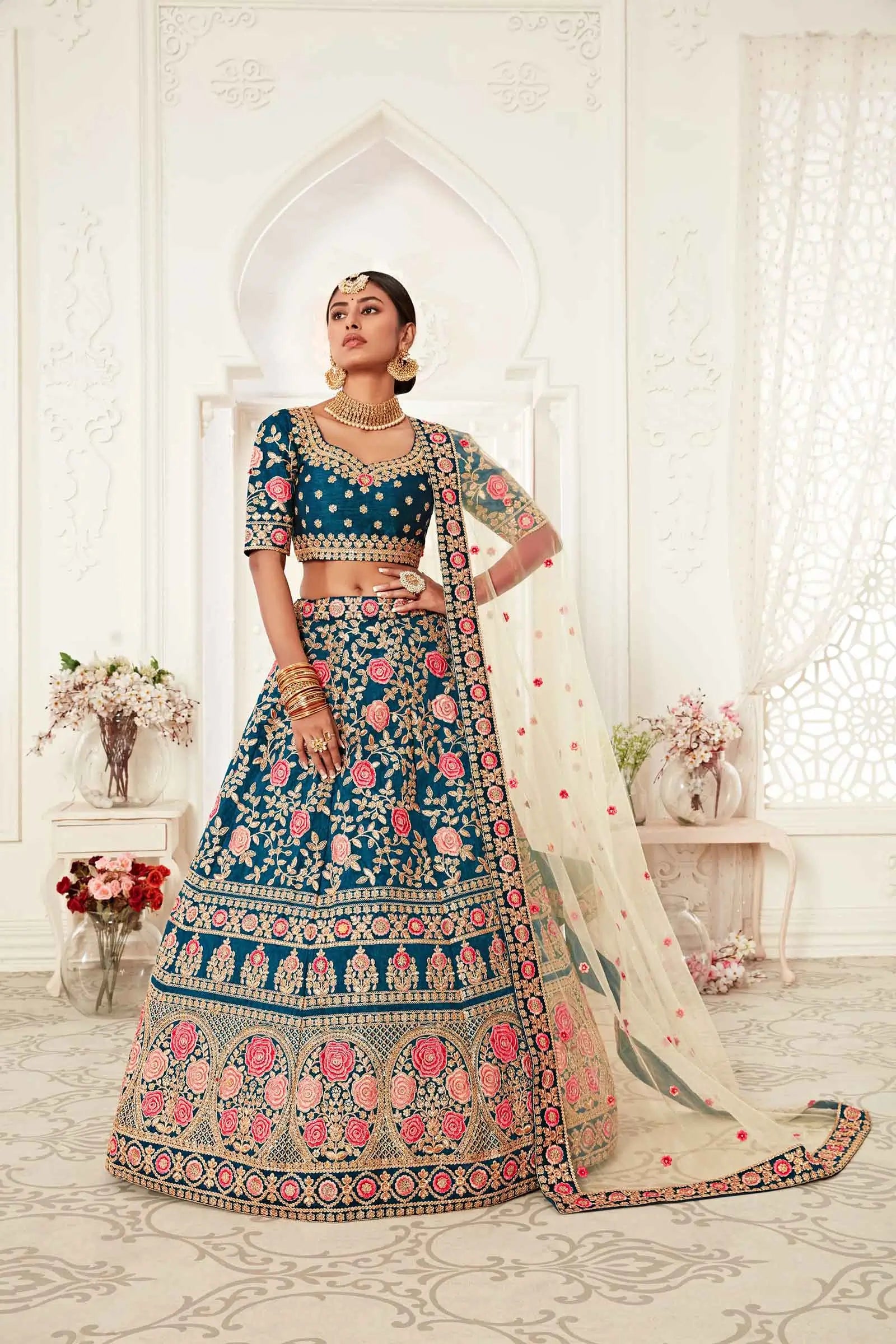 Teal Blue Silk Lehenga With Thread Dori Zari And Sequins Embroidery Work | Ready To Wear - qivii