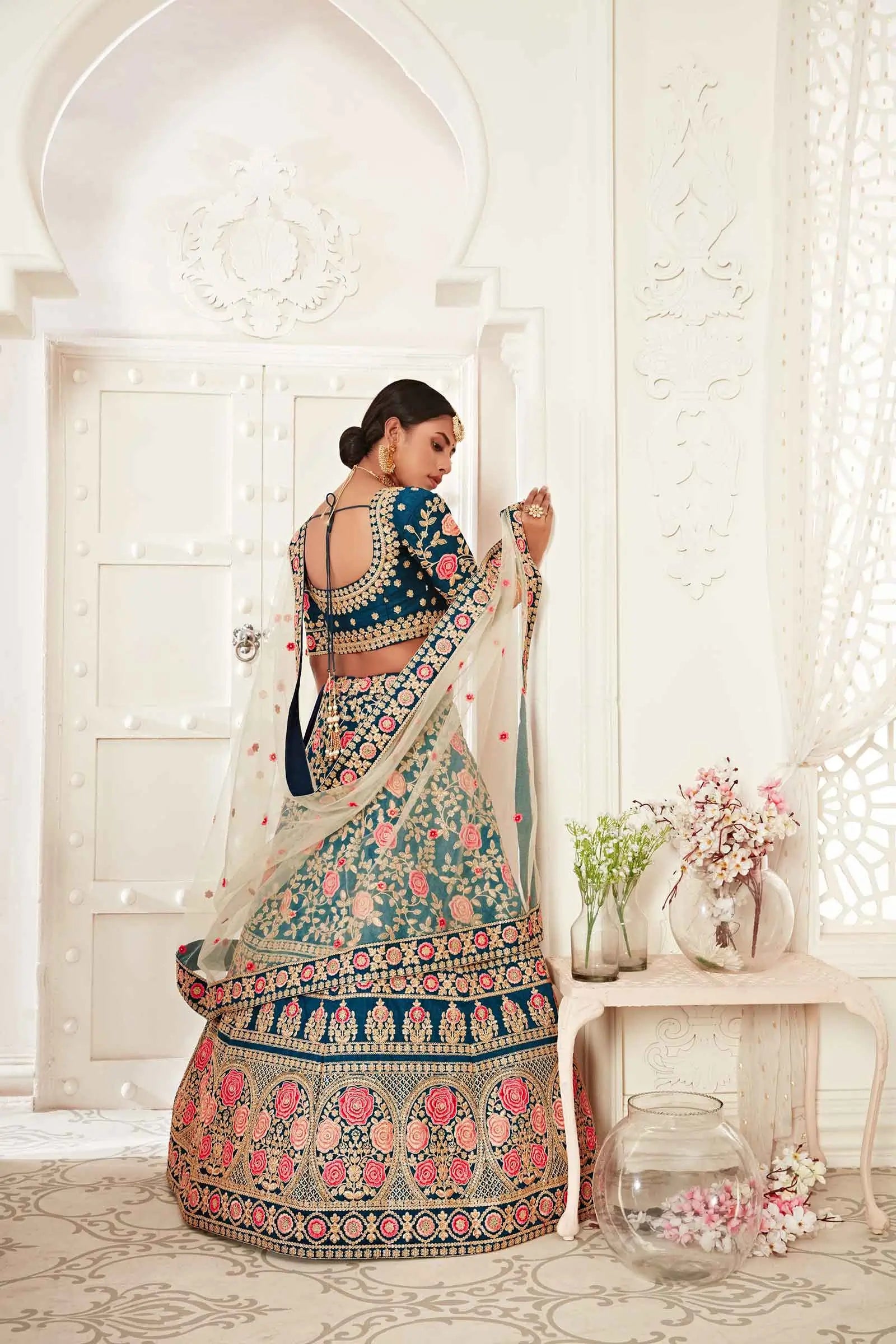 Teal Blue Silk Lehenga With Thread Dori Zari And Sequins Embroidery Work | Ready To Wear - qivii