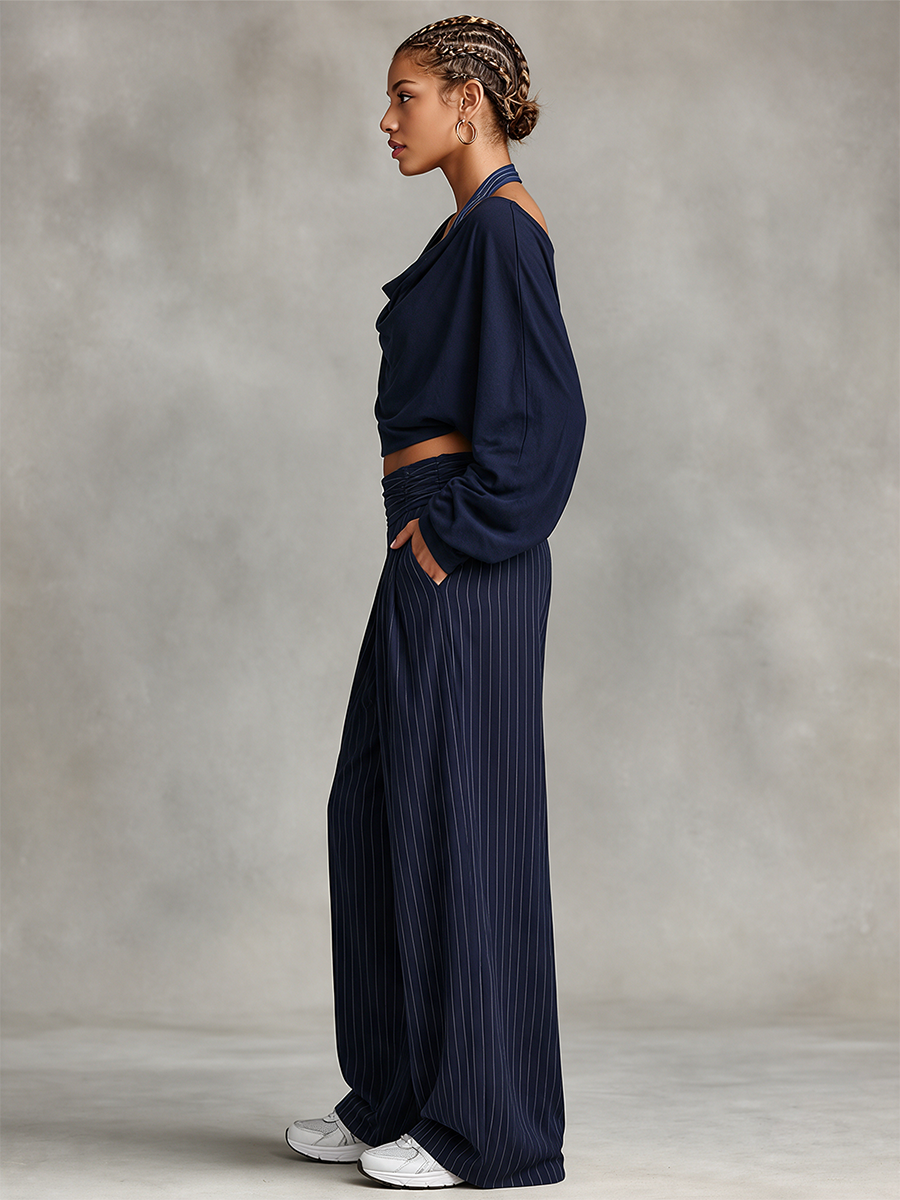 Women's Cowl Neck Crop Top Pinstripe Wide Leg Pants Set MDZ0191I9LYL