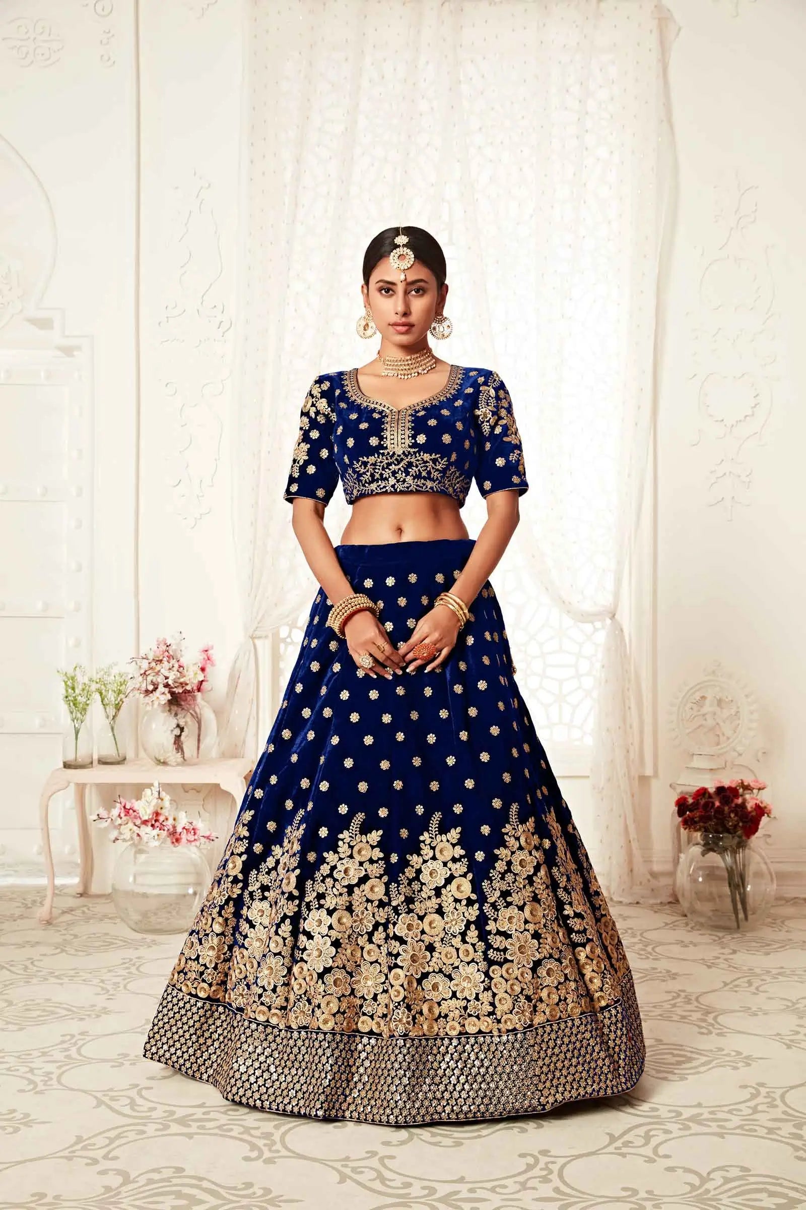 Navy Blue Velvet Lehenga With Thread Zari Dori And Sequins Embroidery Work | Ready To Wear - qivii
