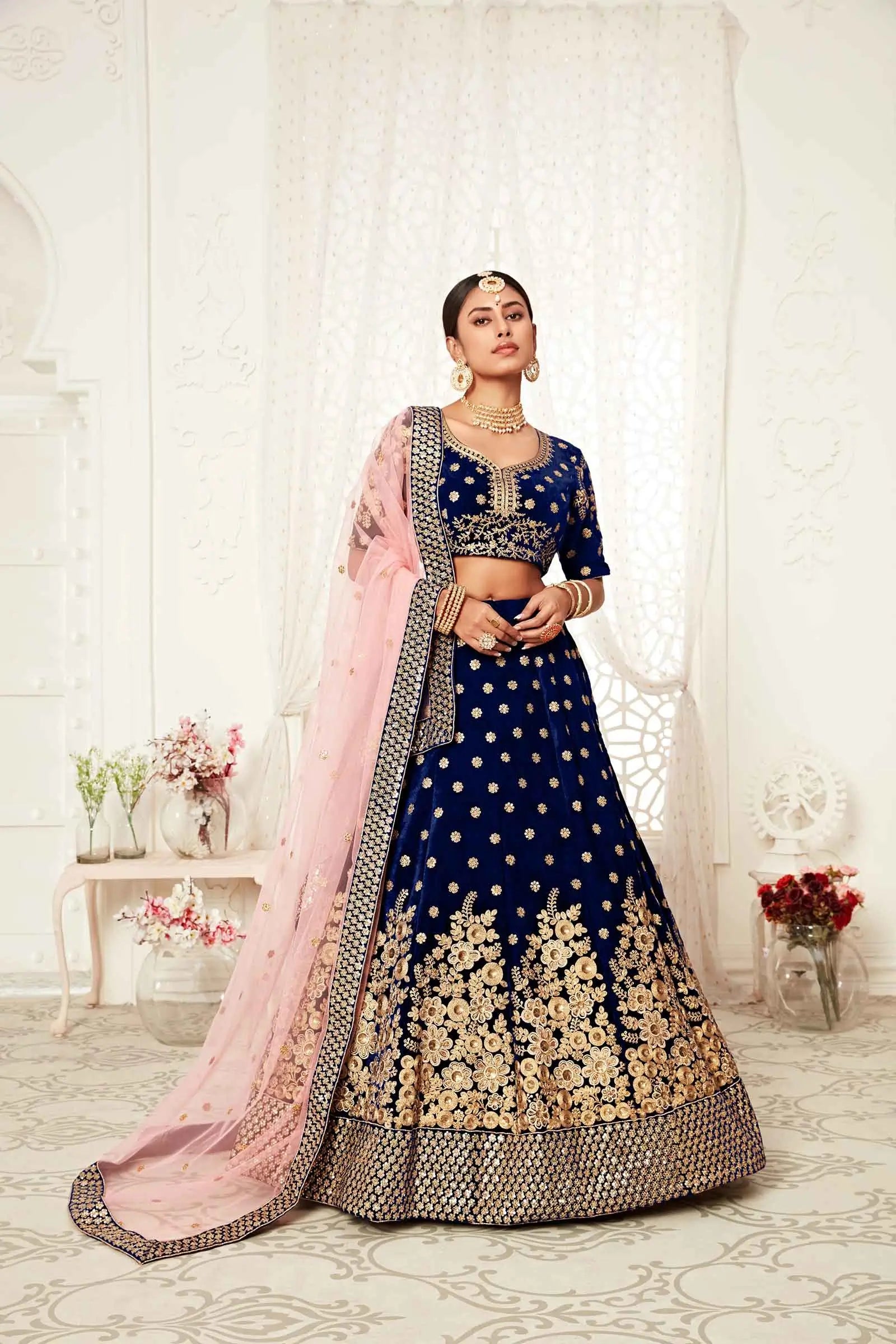 Navy Blue Velvet Lehenga With Thread Zari Dori And Sequins Embroidery Work | Ready To Wear - qivii