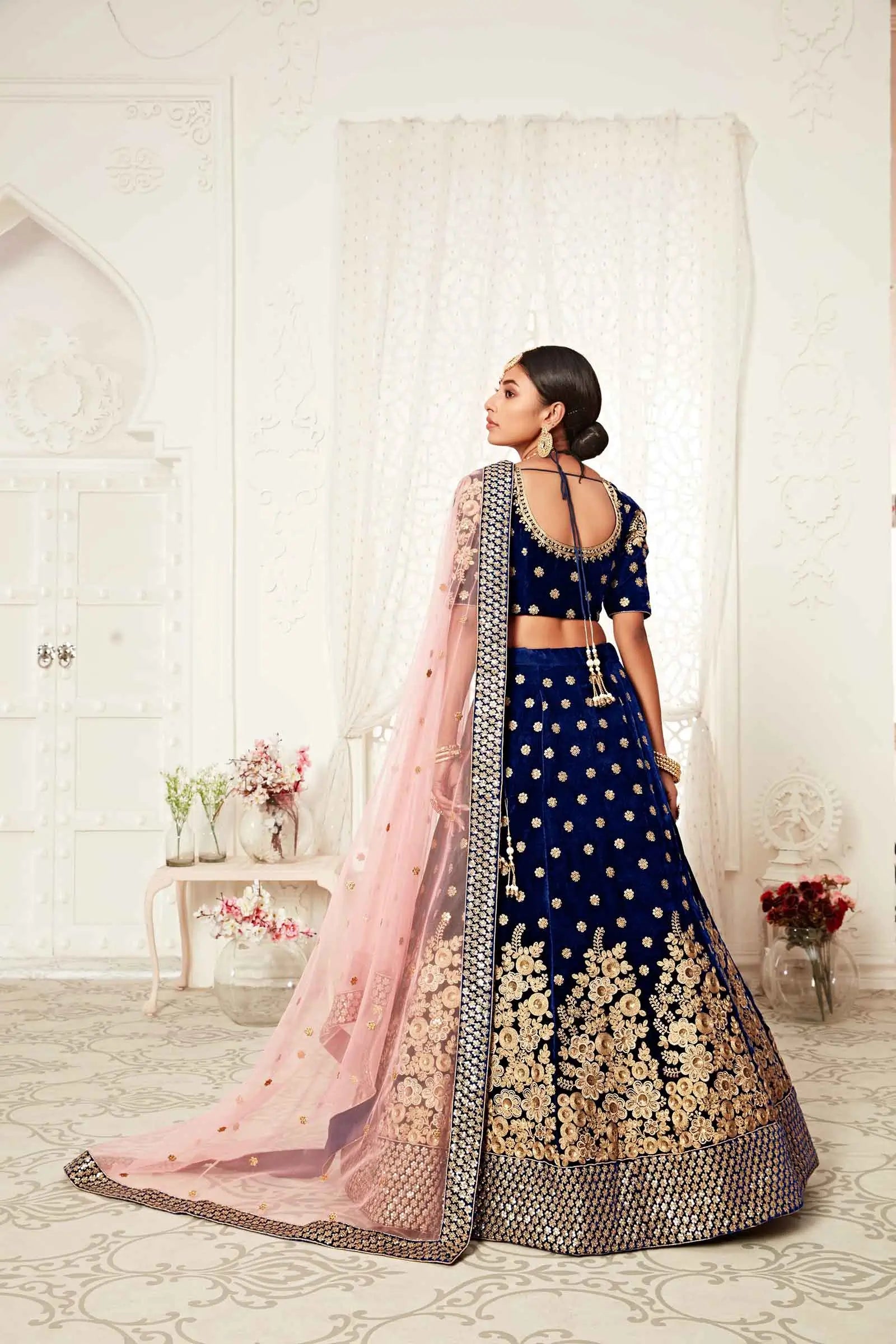 Navy Blue Velvet Lehenga With Thread Zari Dori And Sequins Embroidery Work | Ready To Wear - qivii