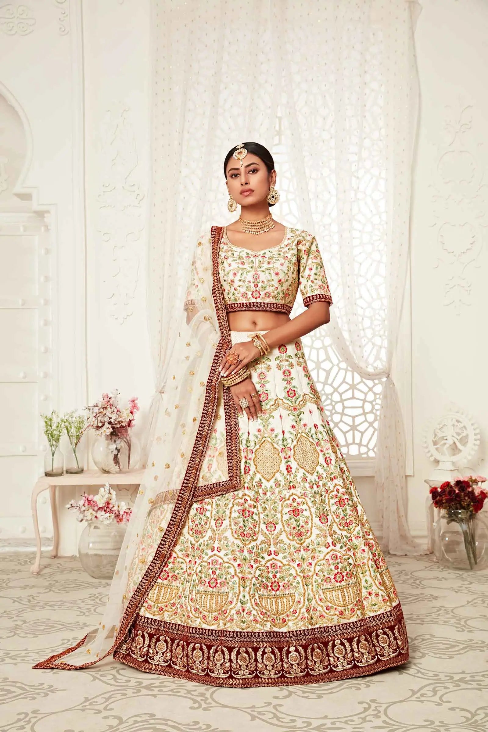 Off White Silk Lehenga With Thread Dori Zari And Sequins Embroidery With Diamond Work | Ready To Wear - qivii