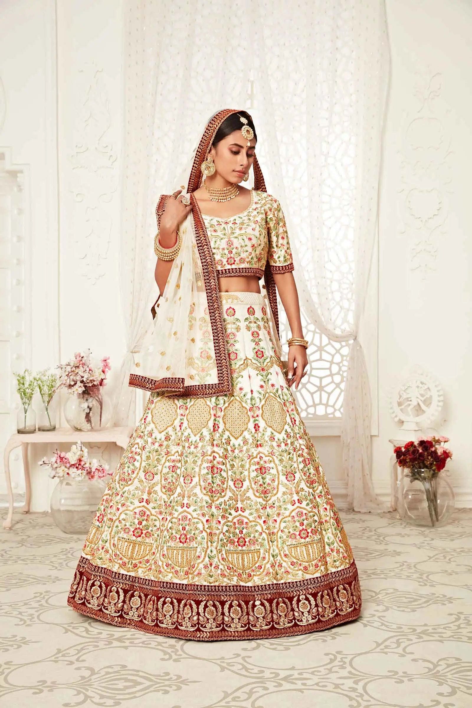 Off White Silk Lehenga With Thread Dori Zari And Sequins Embroidery With Diamond Work | Ready To Wear - qivii
