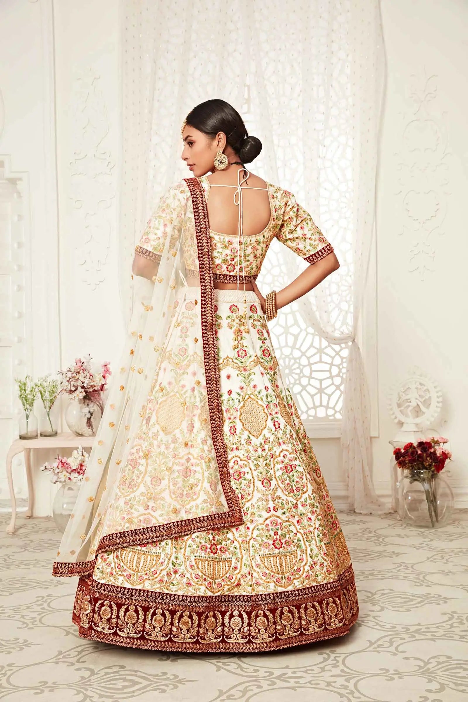 Off White Silk Lehenga With Thread Dori Zari And Sequins Embroidery With Diamond Work | Ready To Wear - qivii