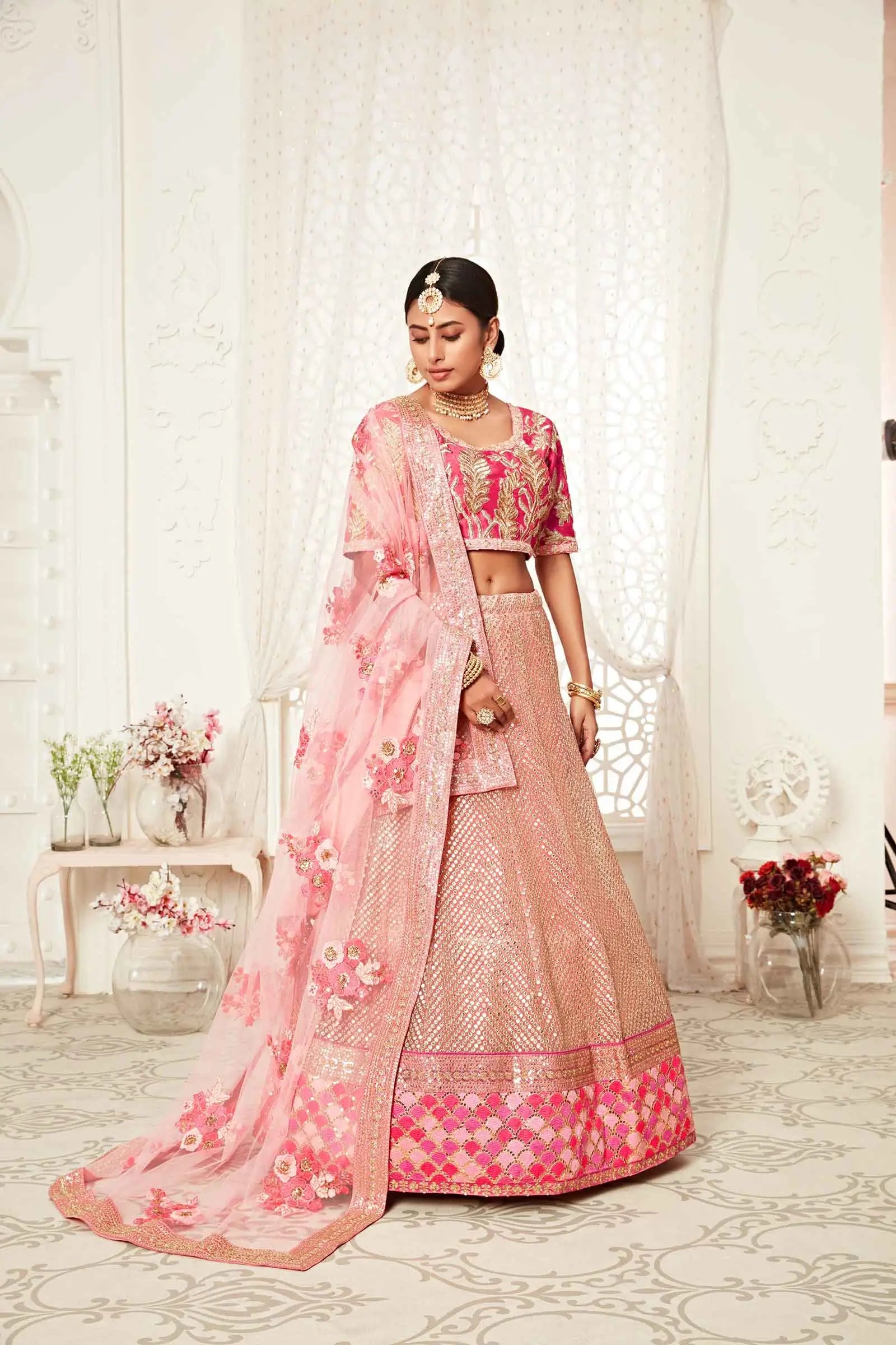 Flamingo Pink Soft Net Lehenga With Thread Dori Zari And Sequins Embroidery Work | Ready To Wear - qivii