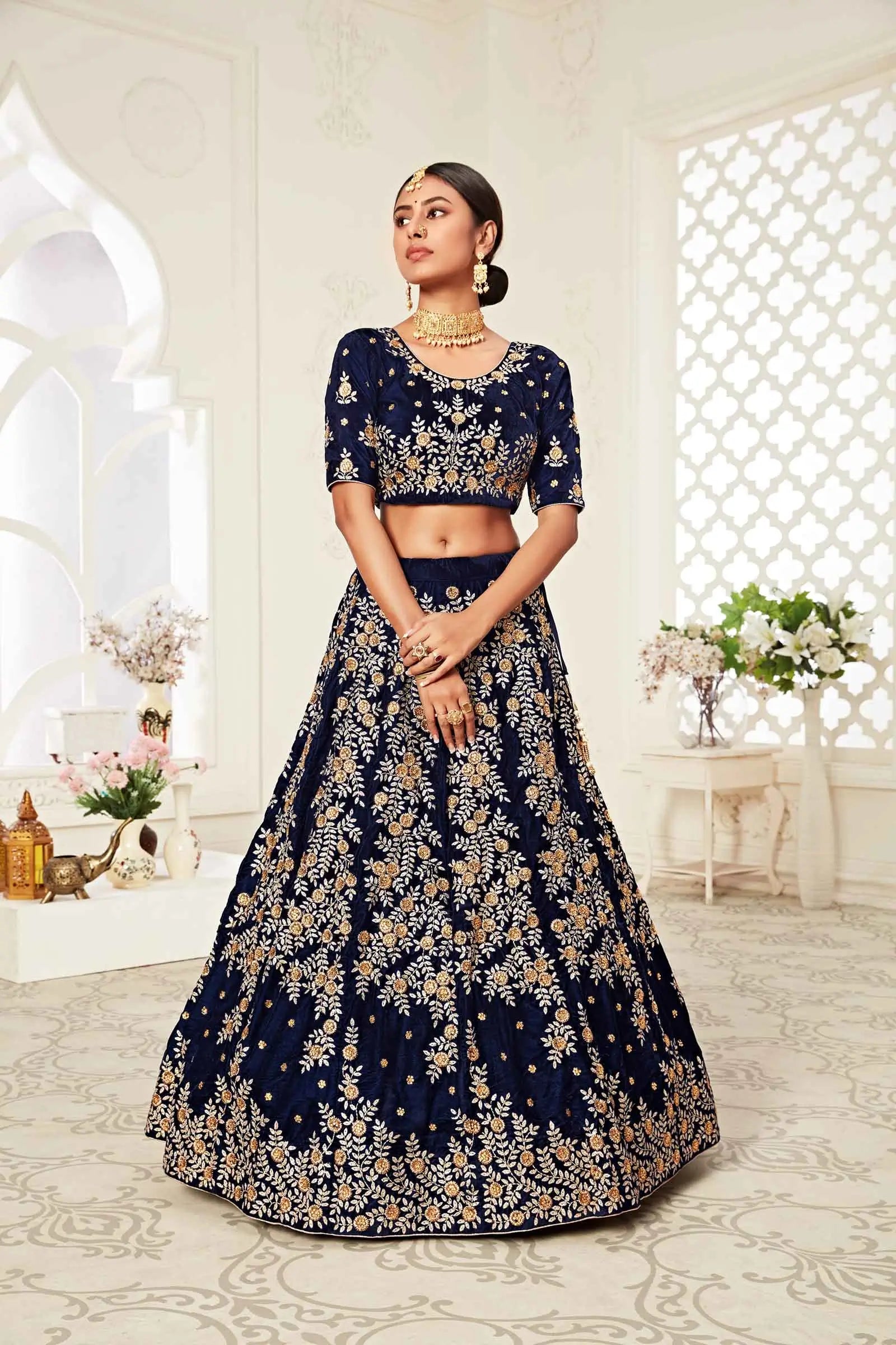 Navy Blue Velvet Lehenga With Zari And Thread Embroidery With Diamond Work | Ready To Wear - qivii