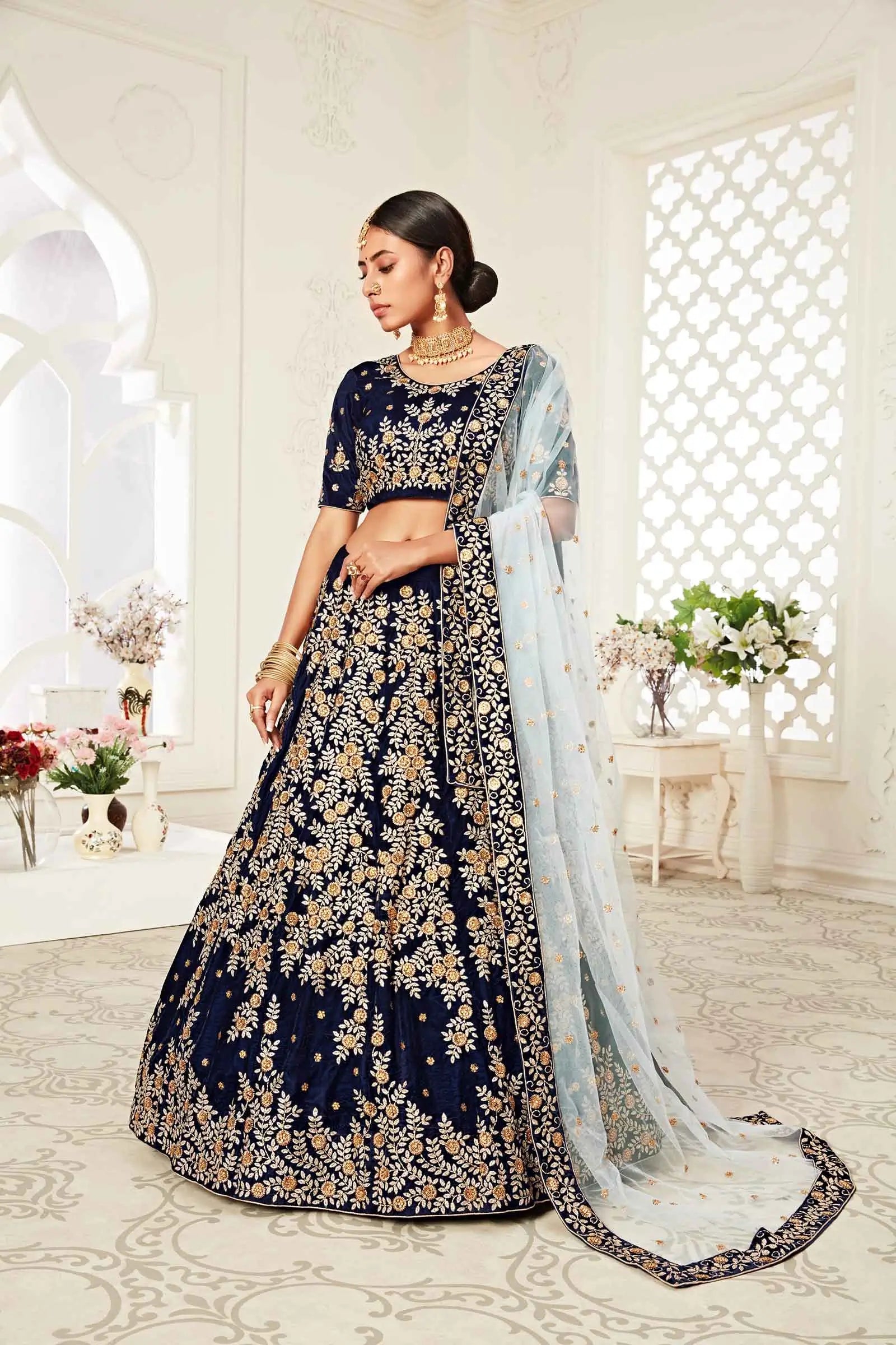 Navy Blue Velvet Lehenga With Zari And Thread Embroidery With Diamond Work | Ready To Wear - qivii