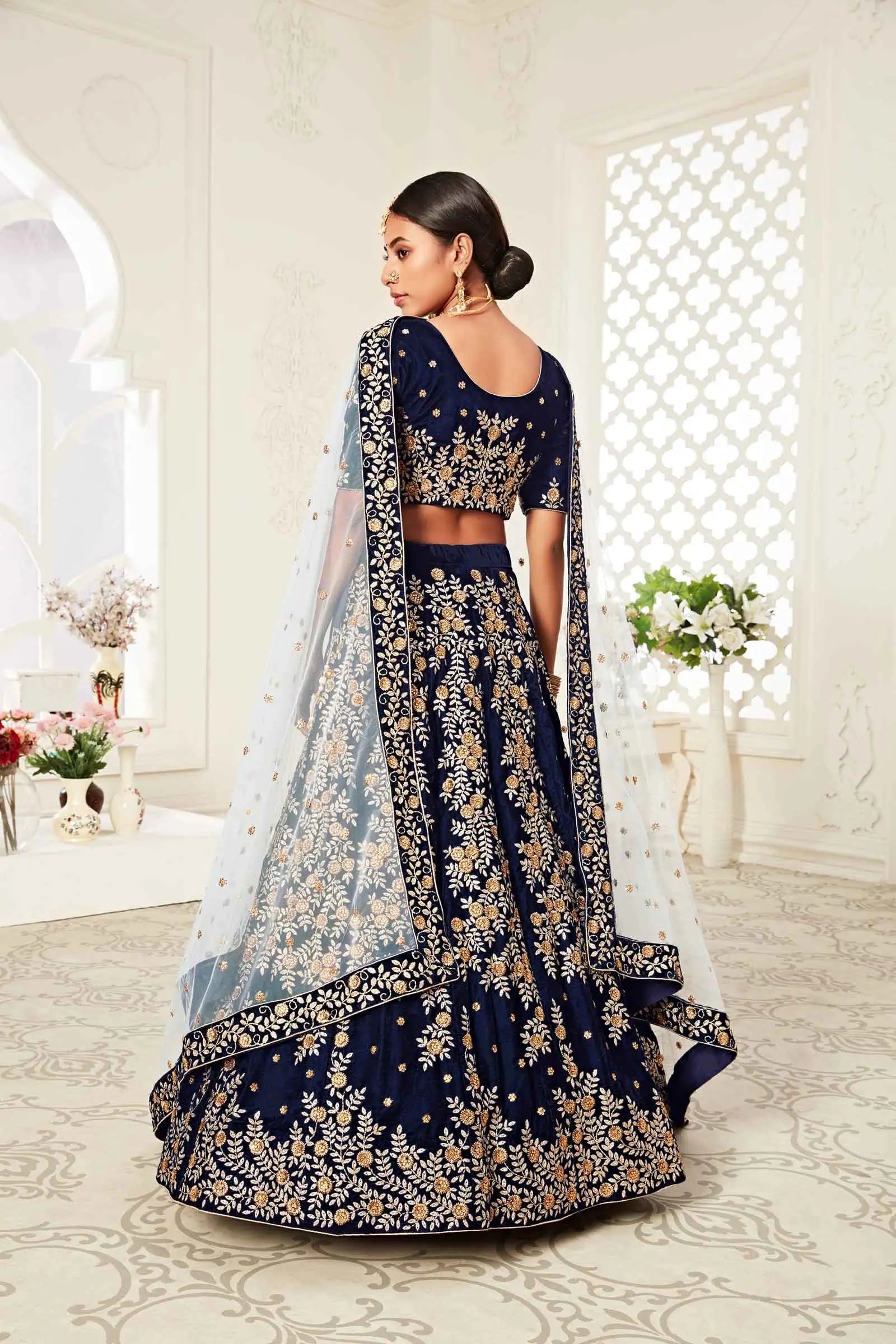 Navy Blue Velvet Lehenga With Zari And Thread Embroidery With Diamond Work | Ready To Wear - qivii