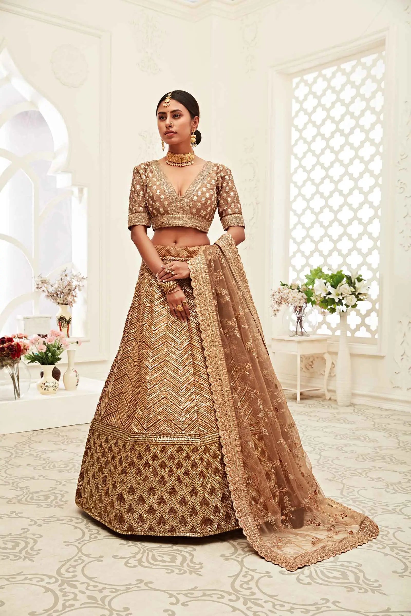 Golden Brown Silk Lehenga With Thread Dori Zari And Sequins Embroidery Work | Ready To Wear - qivii