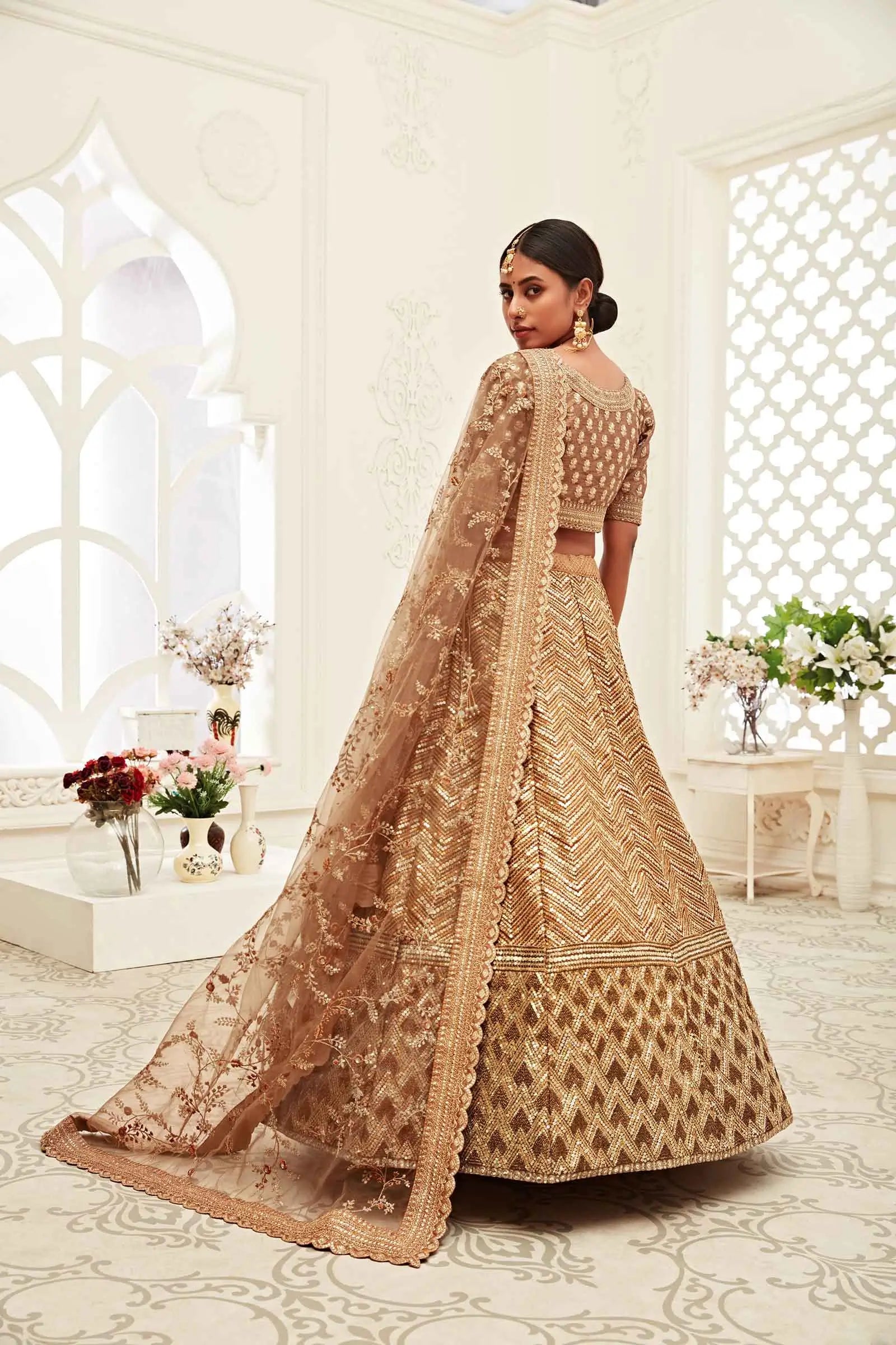 Golden Brown Silk Lehenga With Thread Dori Zari And Sequins Embroidery Work | Ready To Wear - qivii
