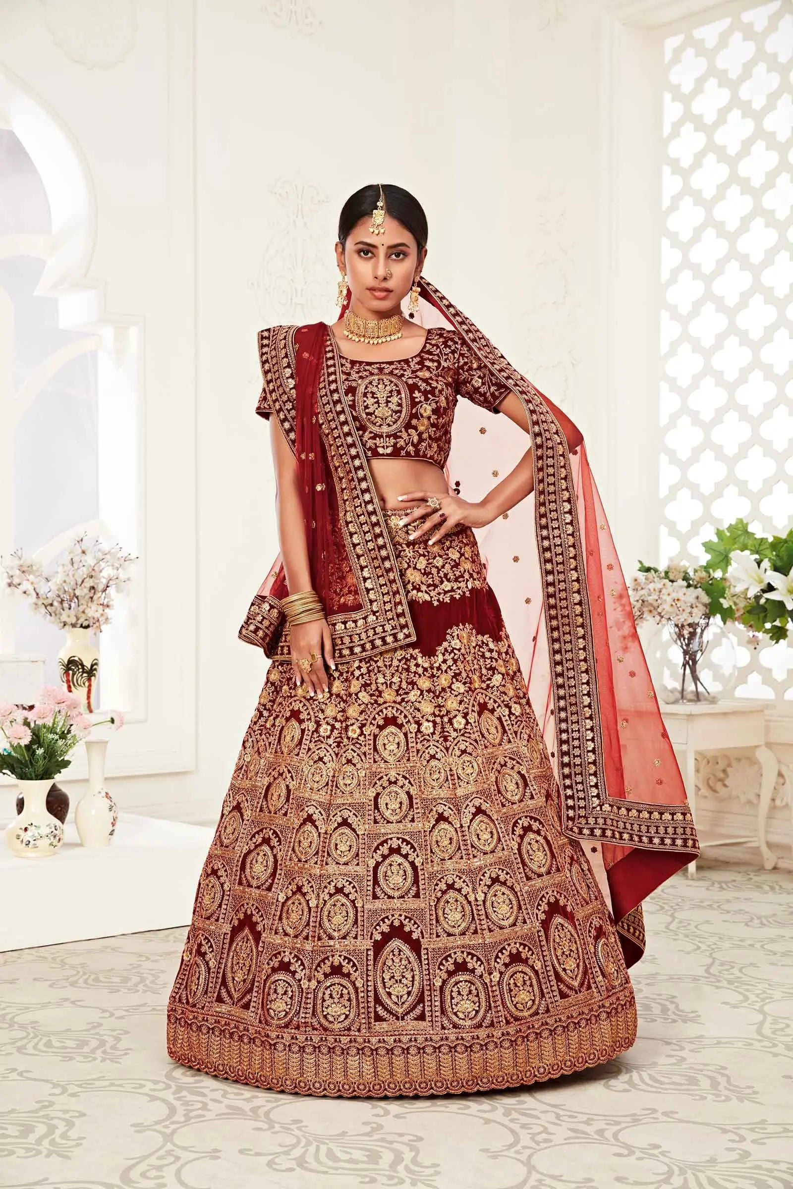 Red Maroon Velvet Lehenga With Thread Zari Dori And Sequins Embroidery Work | Ready To Wear - qivii