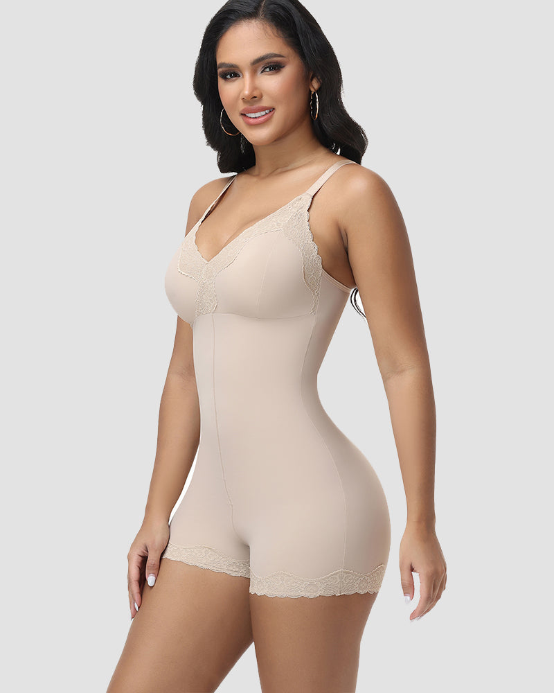 Shapshe® Lace Trim Deep V Mid-Thigh Bodysuit Shaper