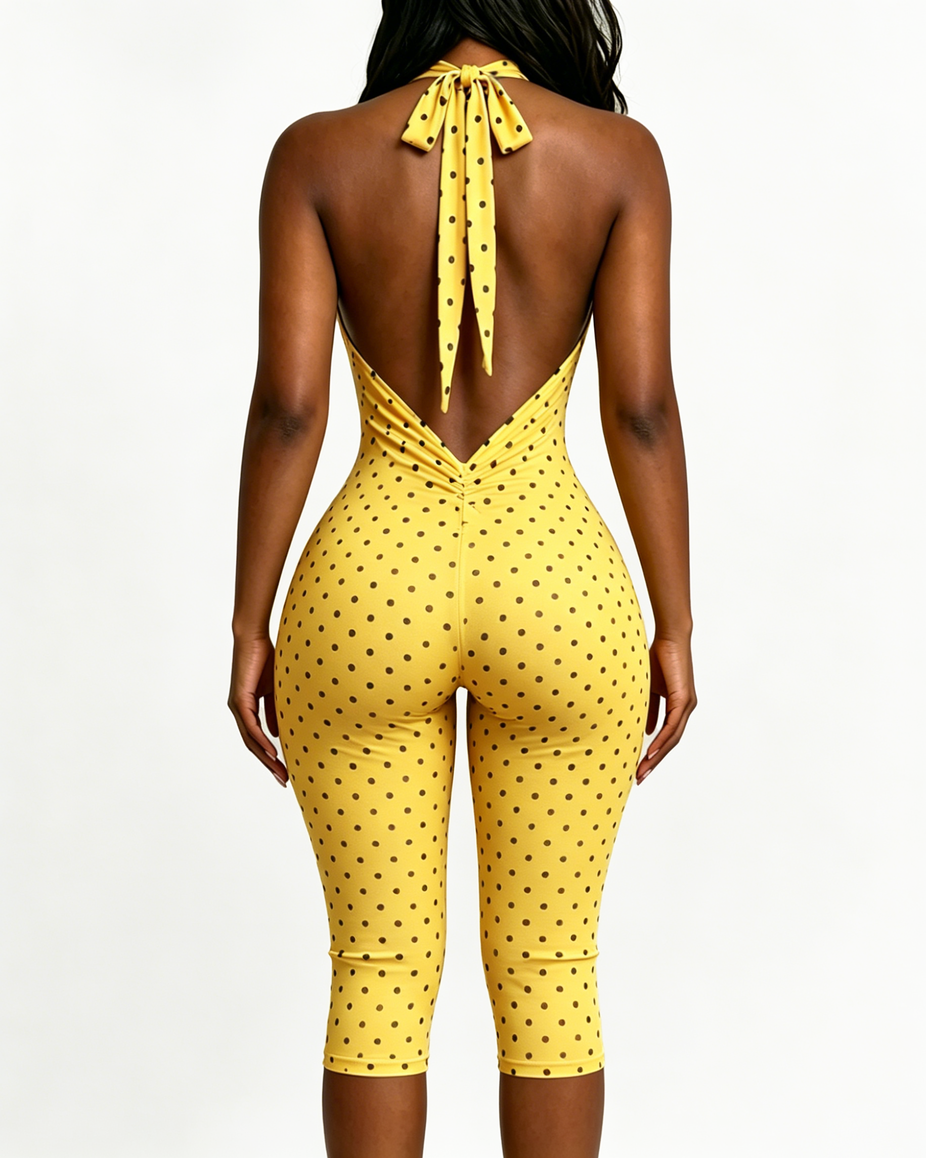 Polka Dot Halter Neck Backless Slim-Fit Stretch Capri Jumpsuit - By Qivii