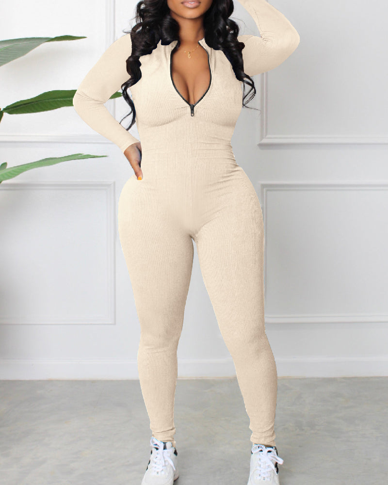 Women's Sexy Ribbed Long Sleeve Zipper Jumpsuits Casual Solid Bodycon Rompers - By Qivii