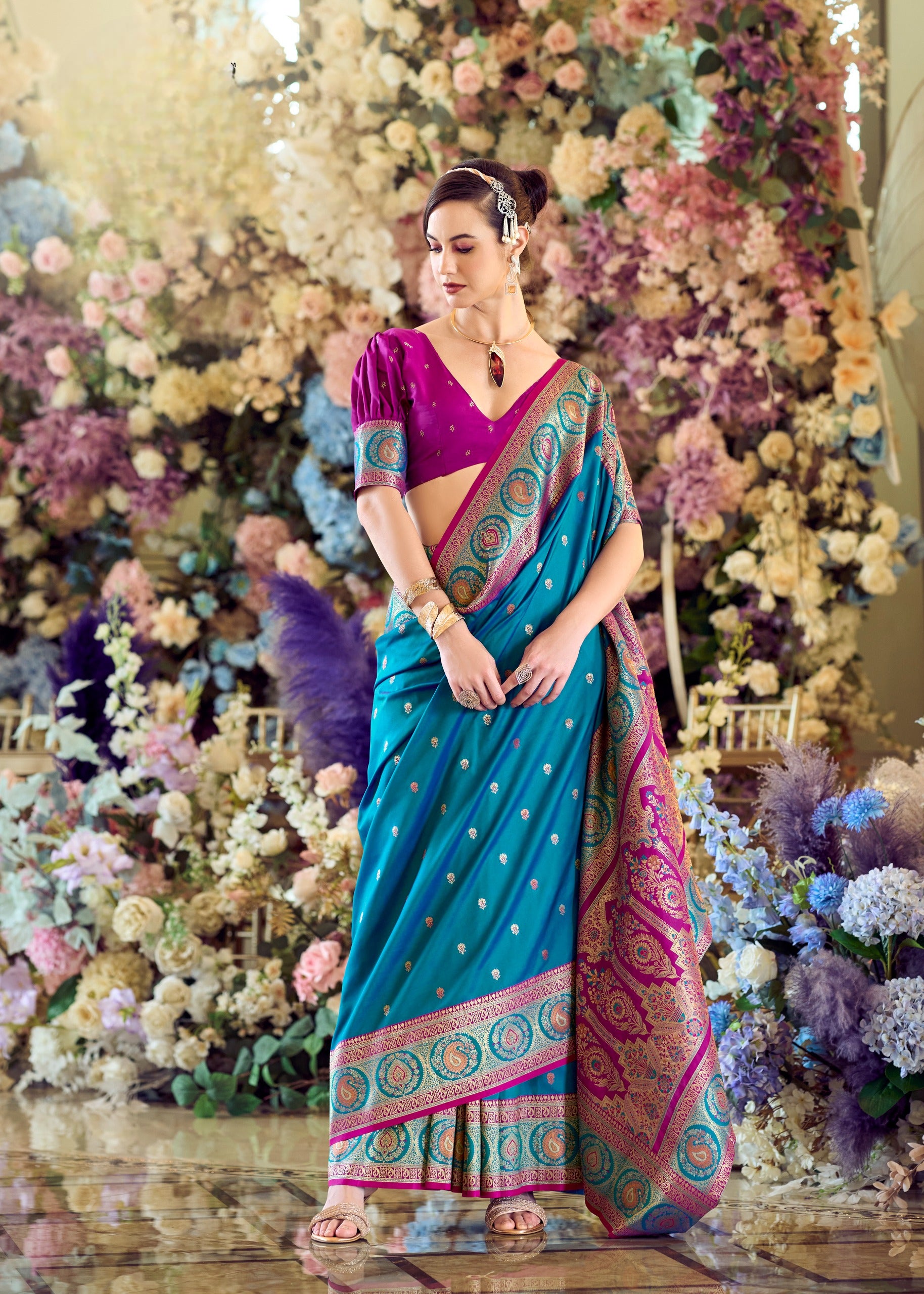 Teal Blue Pure Soft Banarasi Silk Saree with Zari Weaving