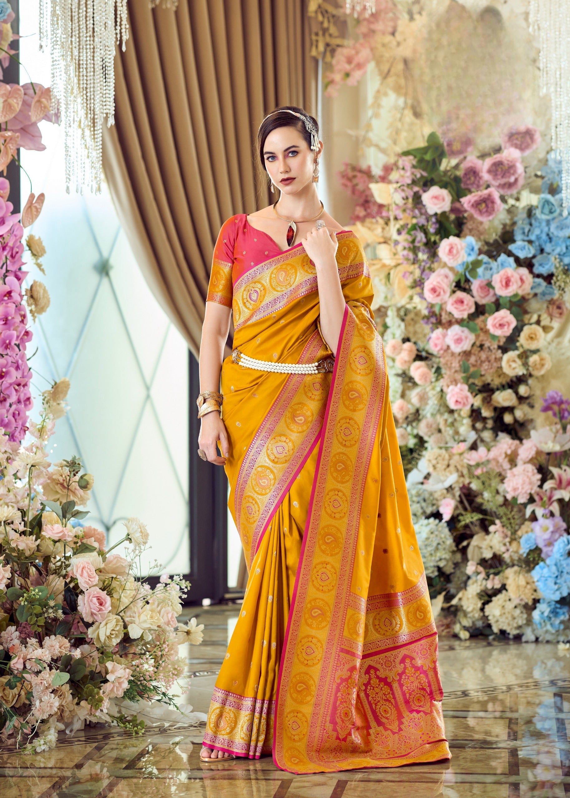 Yellow Pure Soft Banarasi Silk saree with Beautiful Zari Weaving Contrast Border & Designer Pallu