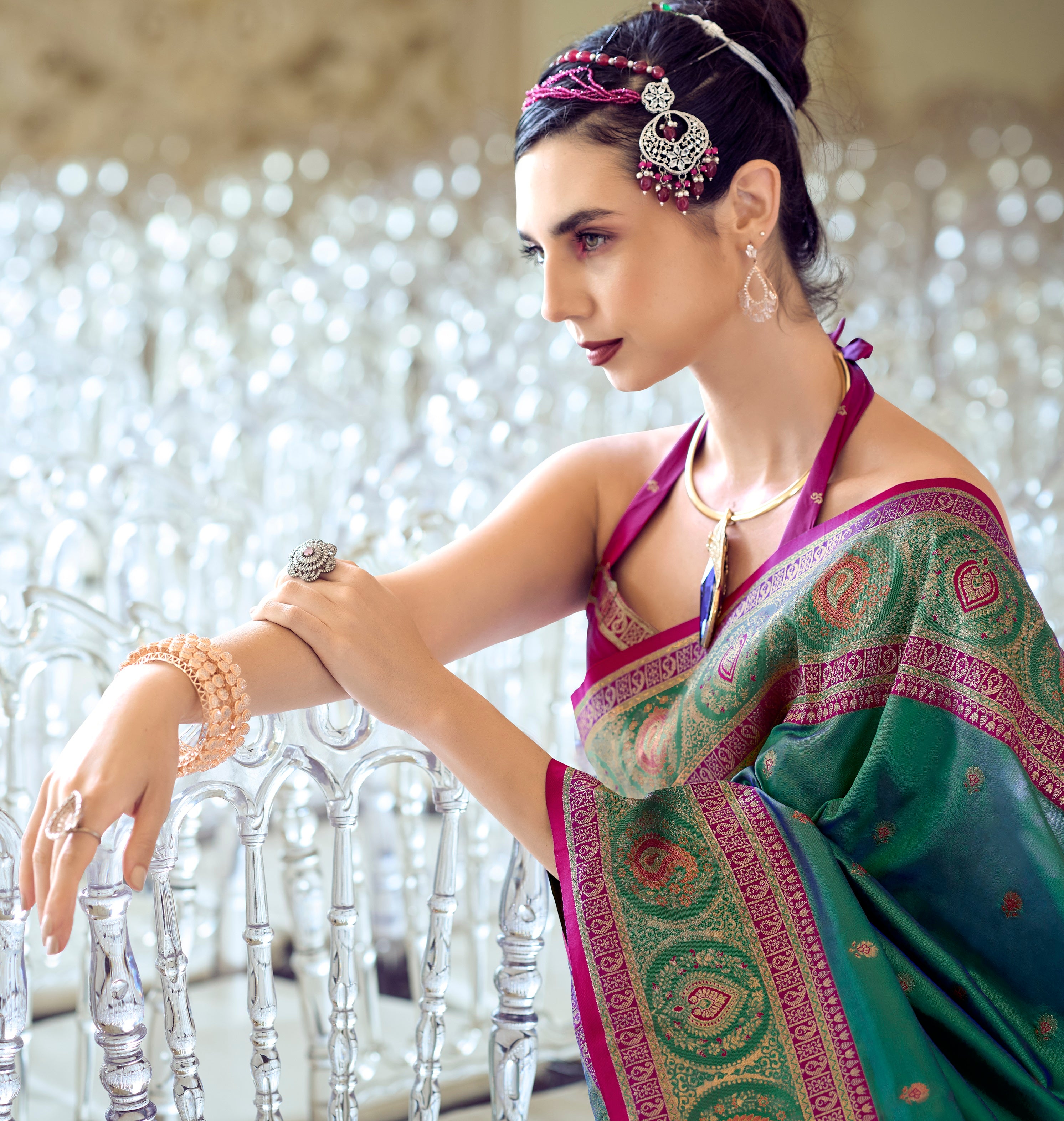 Close-up of Pure Soft Banarasi Silk saree with intricate Zari Weaving Contrast Border & Designer Pallu, a luxurious addition to your wardrobe