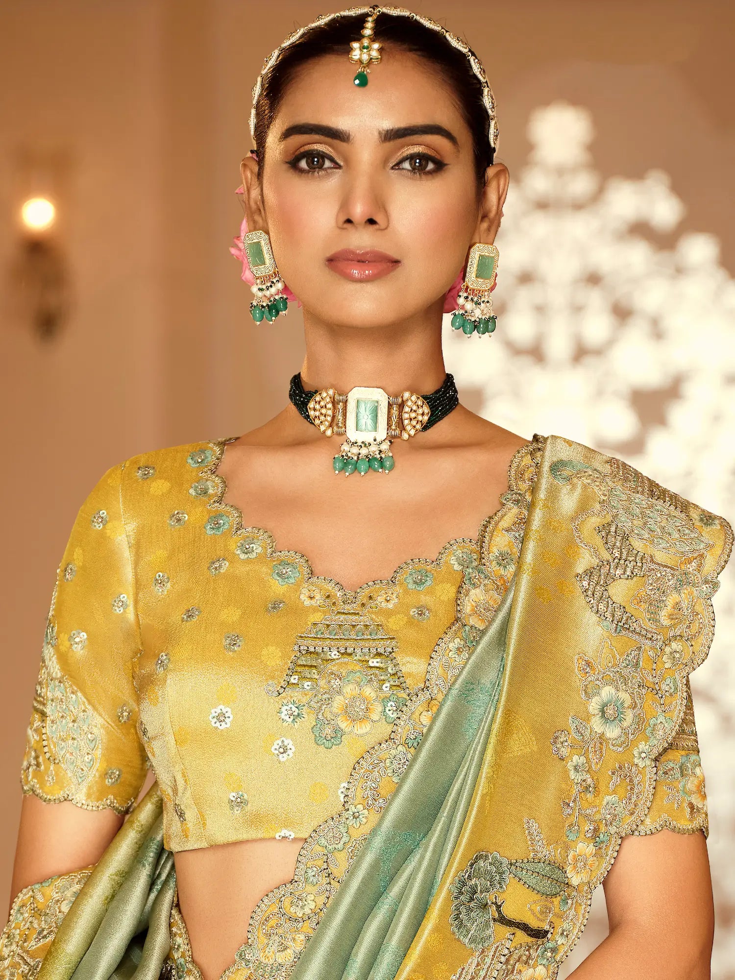 Sea Green Jacquard Silk Embroidery & Hand Work Saree - qivii