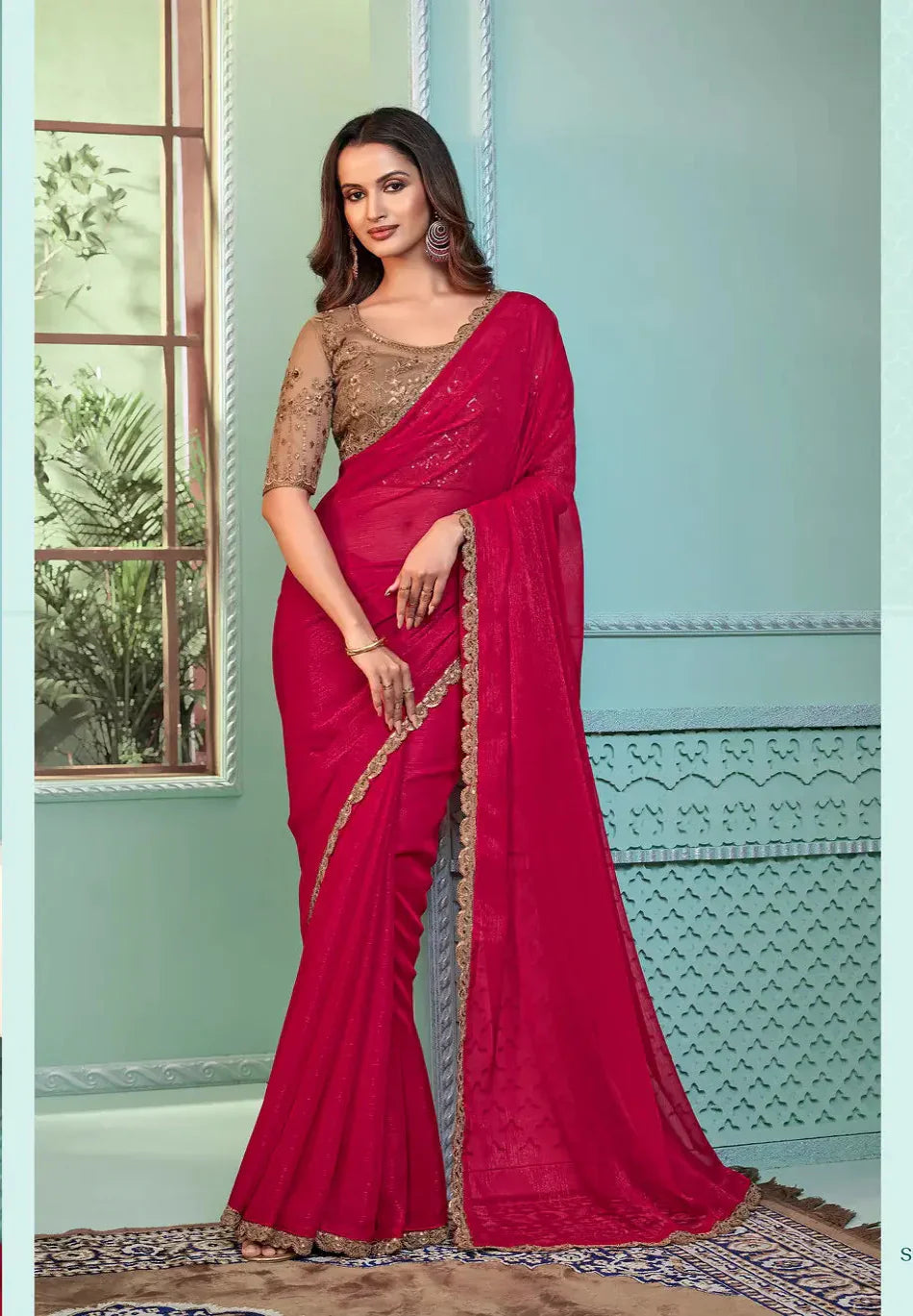 Red Rainbow Georgette Party Wear Saree With Sequence & Thread Embroidery Work - qivii