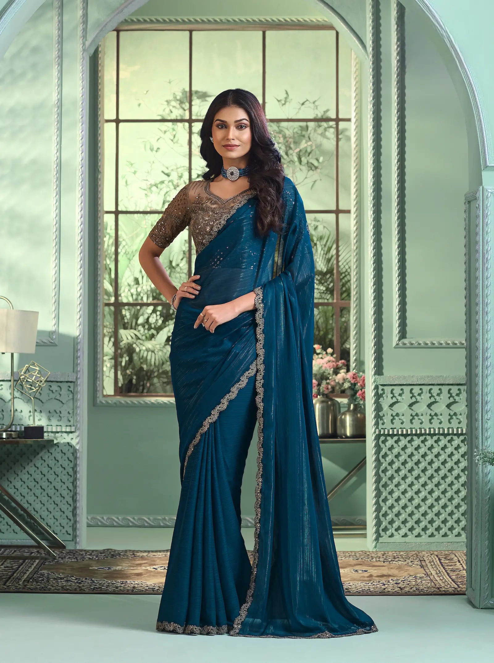 Teal Blue Rainbow Georgette Party Wear Saree With Sequence & Thread Embroidery Work - qivii
