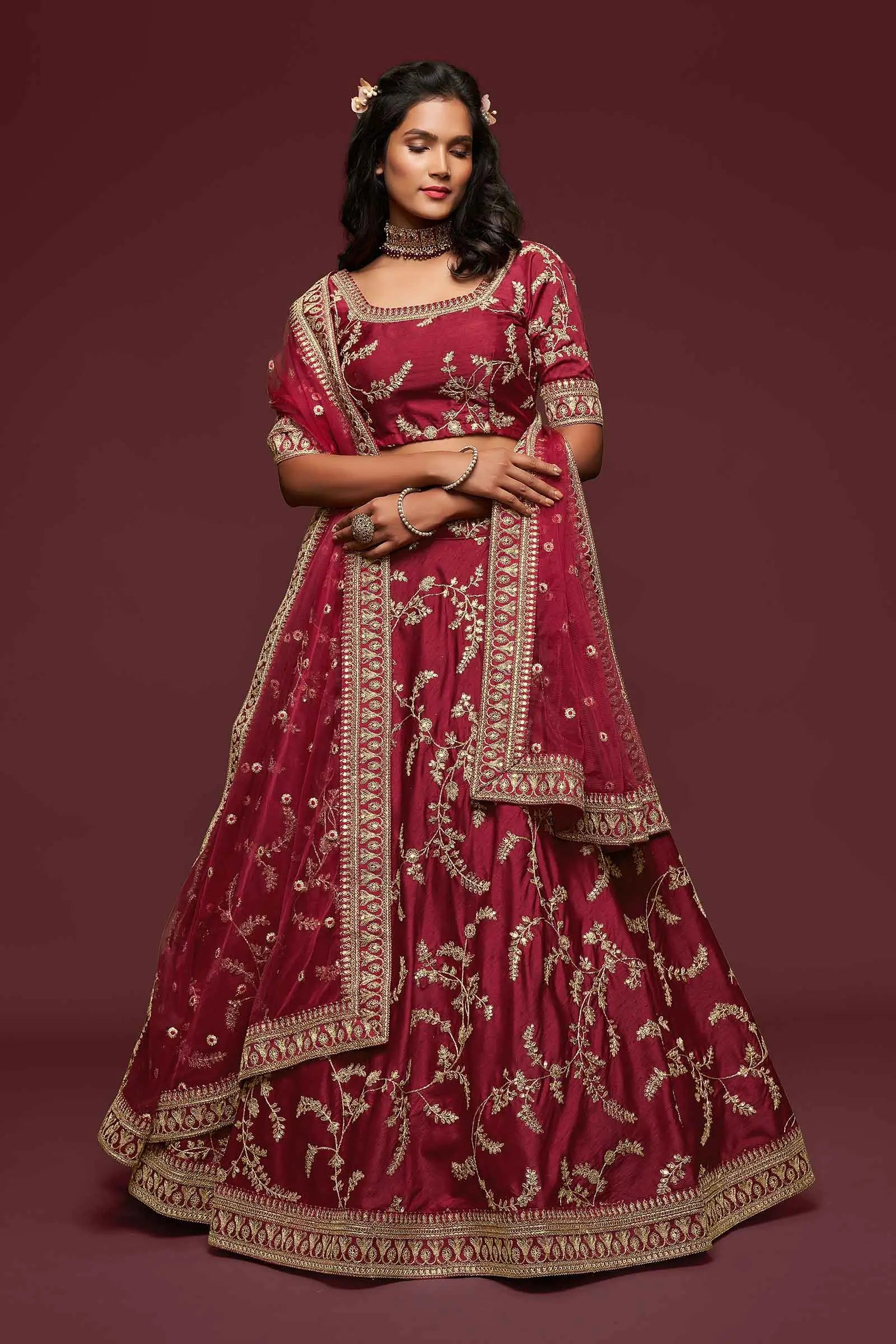 Maroon Silk Lehenga Choli With Thread Zari Dori And Sequins Embroidery Work | Ready To Wear - qivii