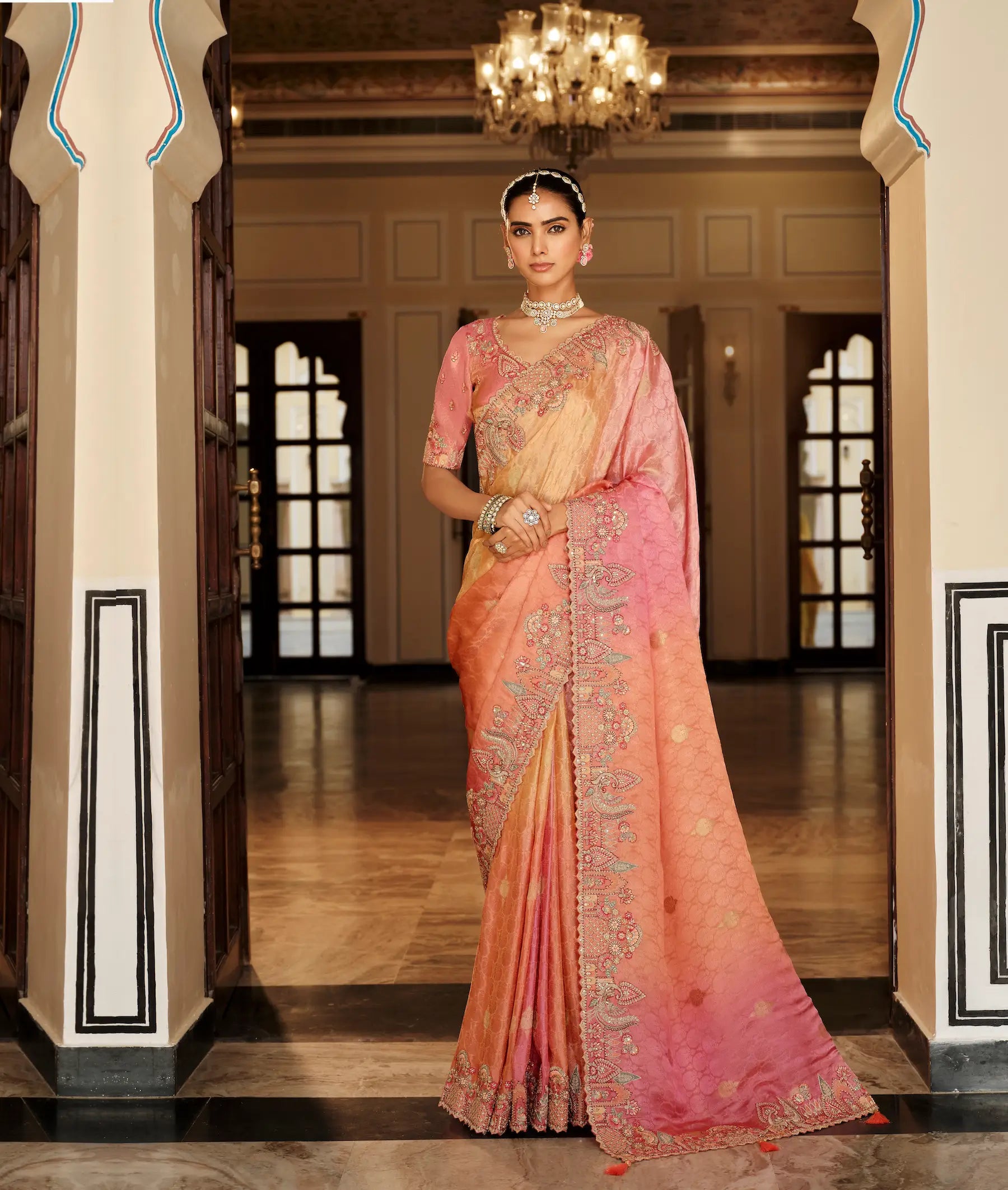 Shaded Pink Jacquard Silk Embroidery & Hand Work Saree - qivii