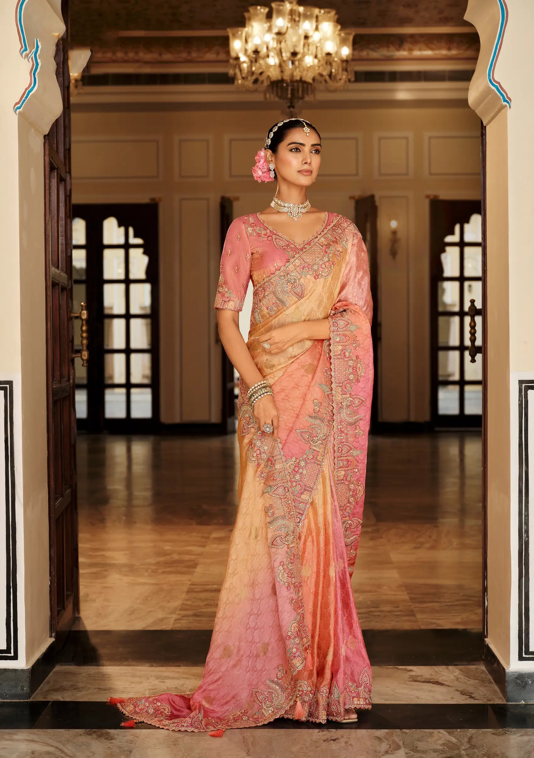 Shaded Pink Jacquard Silk Embroidery & Hand Work Saree - qivii
