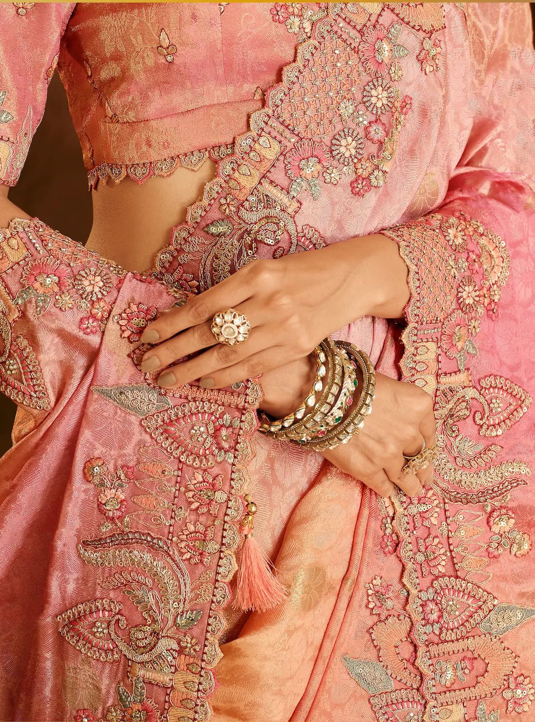 Shaded Pink Jacquard Silk Embroidery & Hand Work Saree - qivii