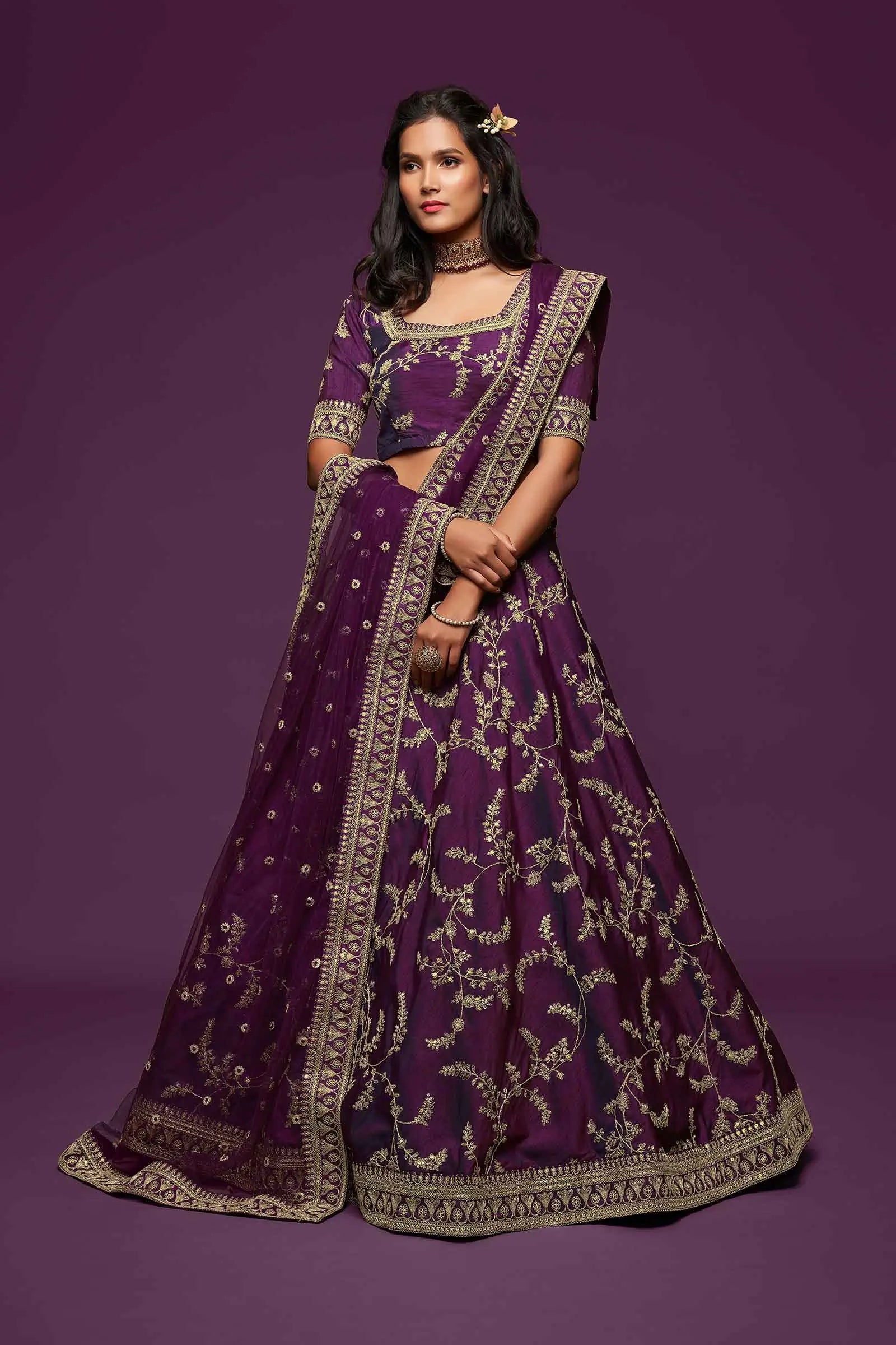 Wine Silk Lehenga Choli With Thread Zari Dori And Sequins Embroidery Work | Ready To Wear - qivii
