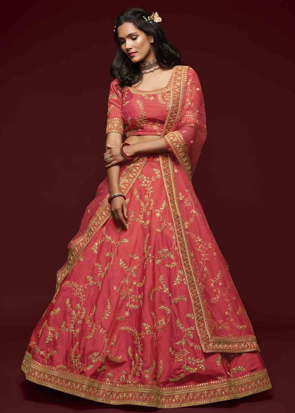 Gajri Pink Silk Lehenga Choli with Thread,Zari,Dori & Sequins work | Ready To Wear - qivii