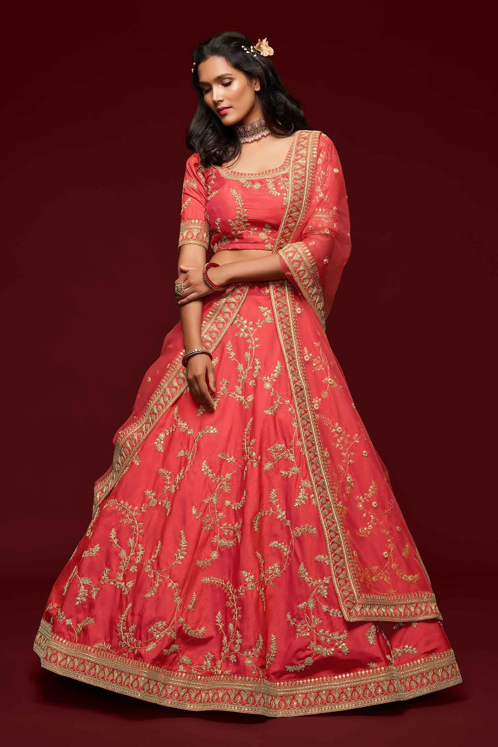 Bean Red Silk Lehenga Choli With Thread Zari Dori And Sequins Embroidery Work | Ready To Wear - qivii