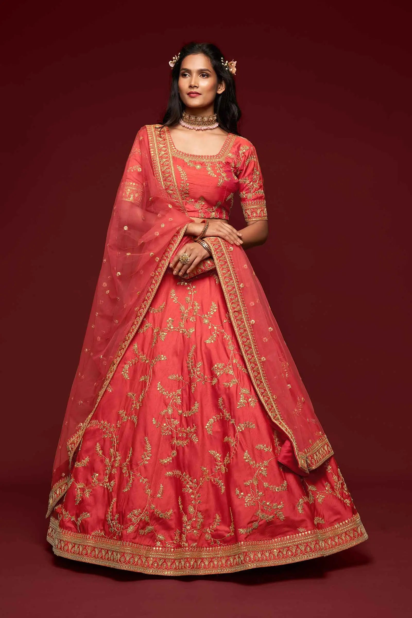 Bean Red Silk Lehenga Choli With Thread Zari Dori And Sequins Embroidery Work | Ready To Wear - qivii