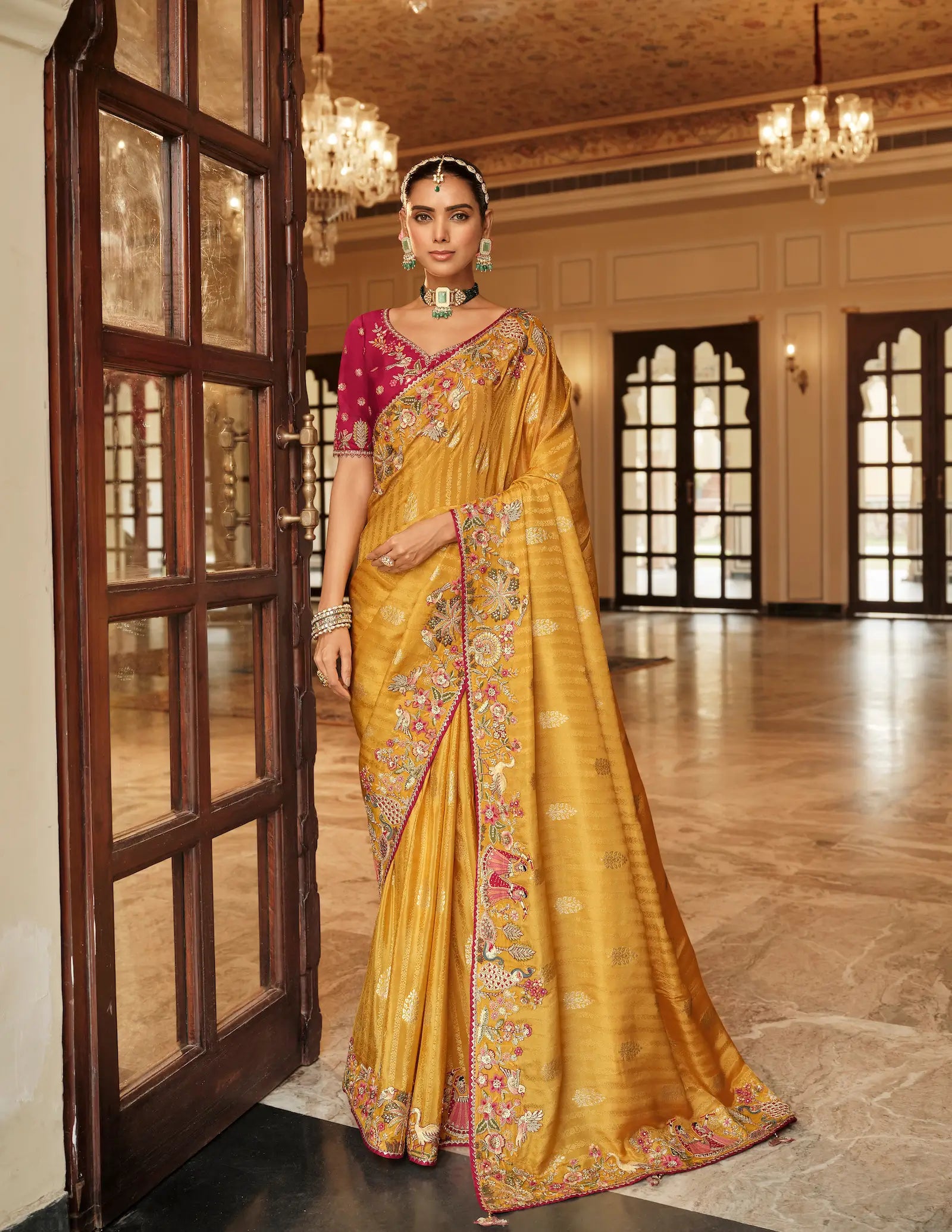 Golden Yellow Jacquard Silk Embroidery & Hand Work Saree - qivii
