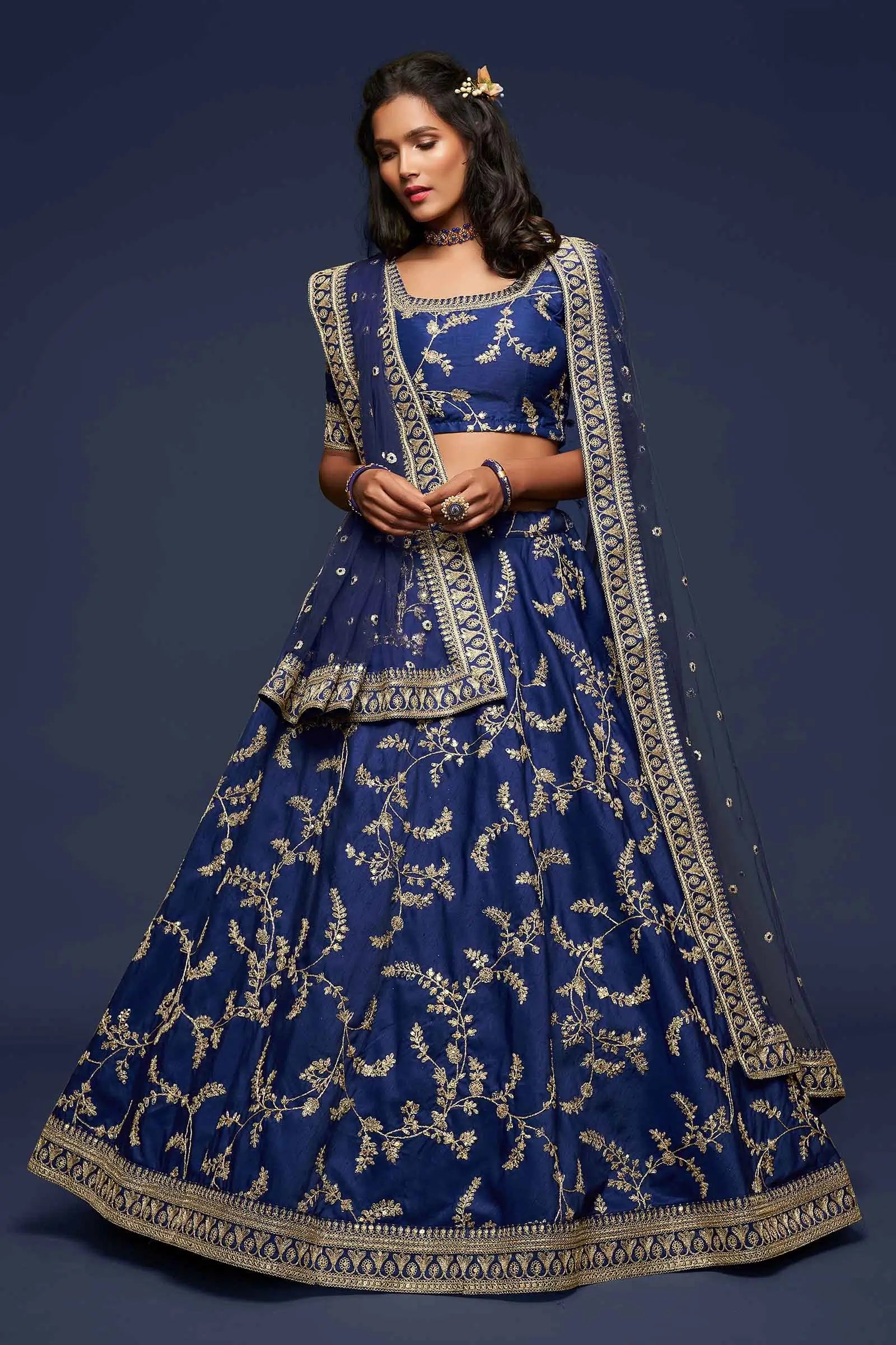 Blue Silk Lehenga Choli With Thread Zari Dori And Sequins Embroidery Work | Ready To Wear - qivii