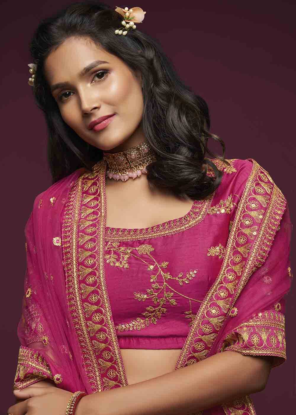 Cerise Pink Silk Lehenga Choli with Thread,Zari,Dori & Sequins work | Ready To Wear - qivii