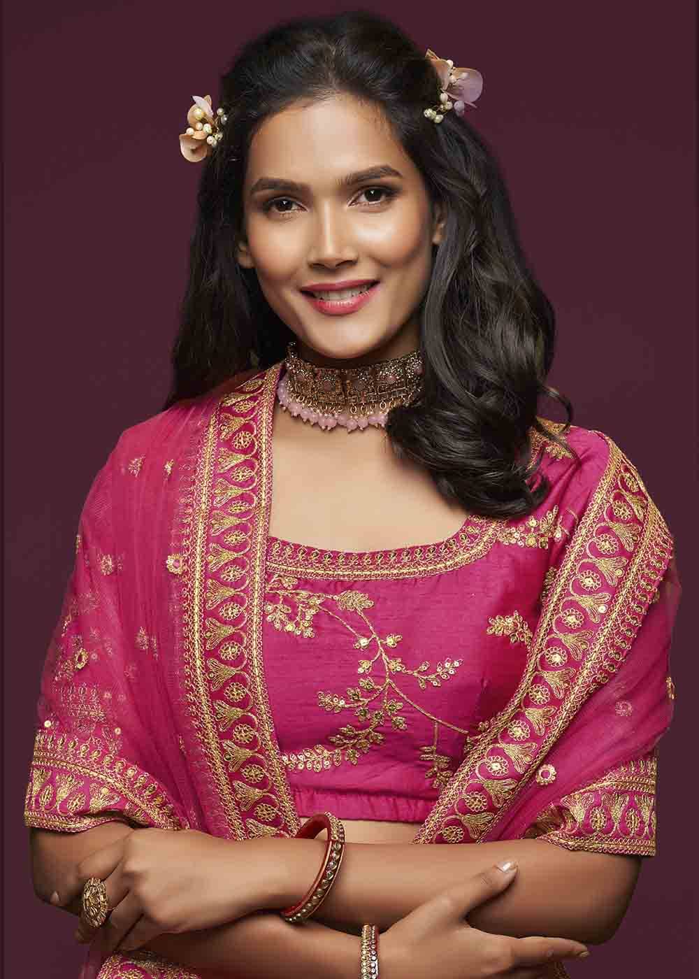Cerise Pink Silk Lehenga Choli with Thread,Zari,Dori & Sequins work | Ready To Wear - qivii