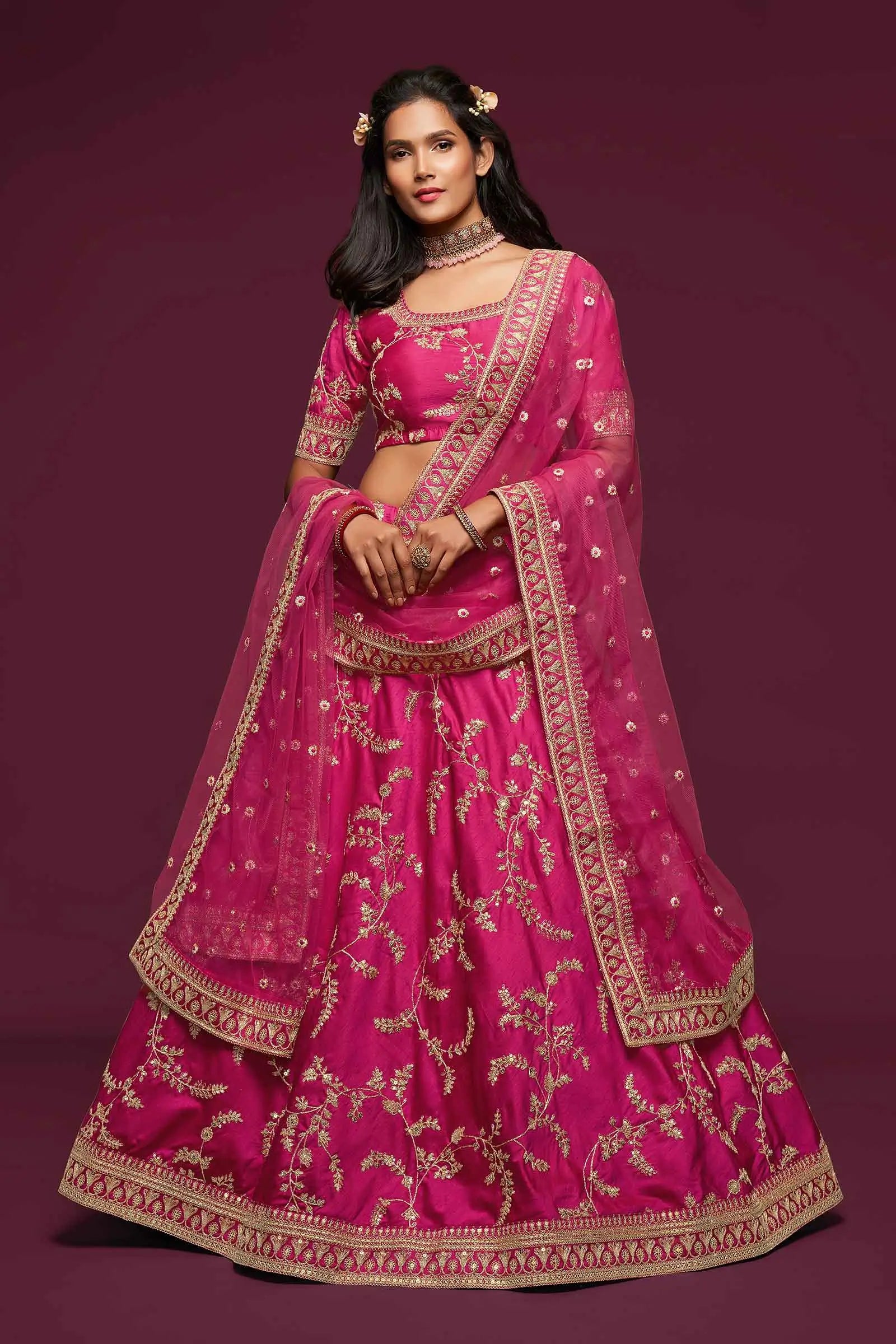 Berry Pink Silk Lehenga Choli With Thread Zari Dori And Sequins Embroidery Work | Ready To Wear - qivii
