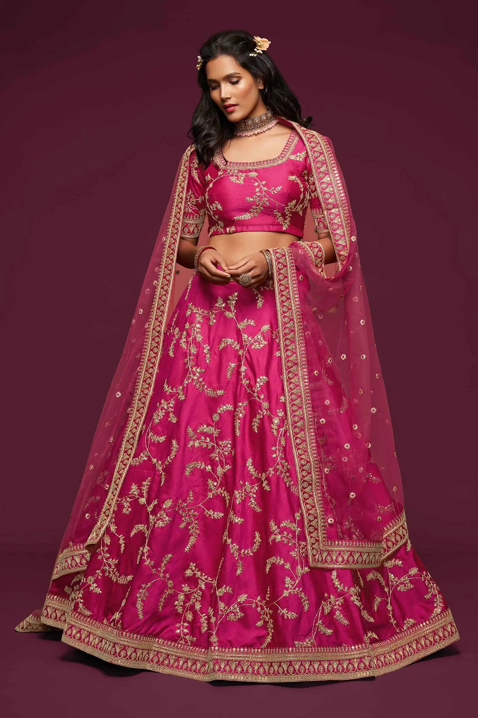 Berry Pink Silk Lehenga Choli With Thread Zari Dori And Sequins Embroidery Work | Ready To Wear - qivii