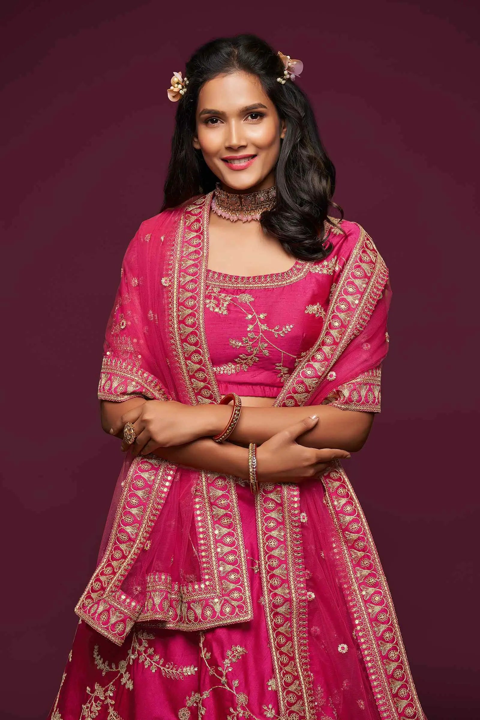 Berry Pink Silk Lehenga Choli With Thread Zari Dori And Sequins Embroidery Work | Ready To Wear - qivii