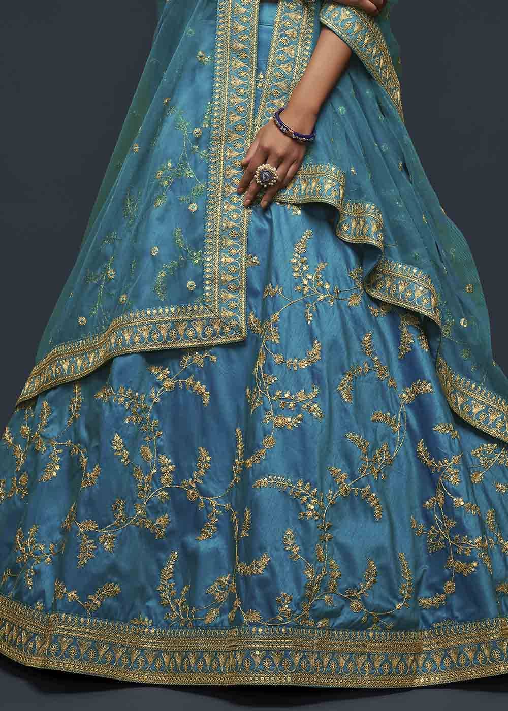 Cerulean Blue Silk Lehenga Choli with Thread,Zari,Dori & Sequins work | Ready To Wear - qivii