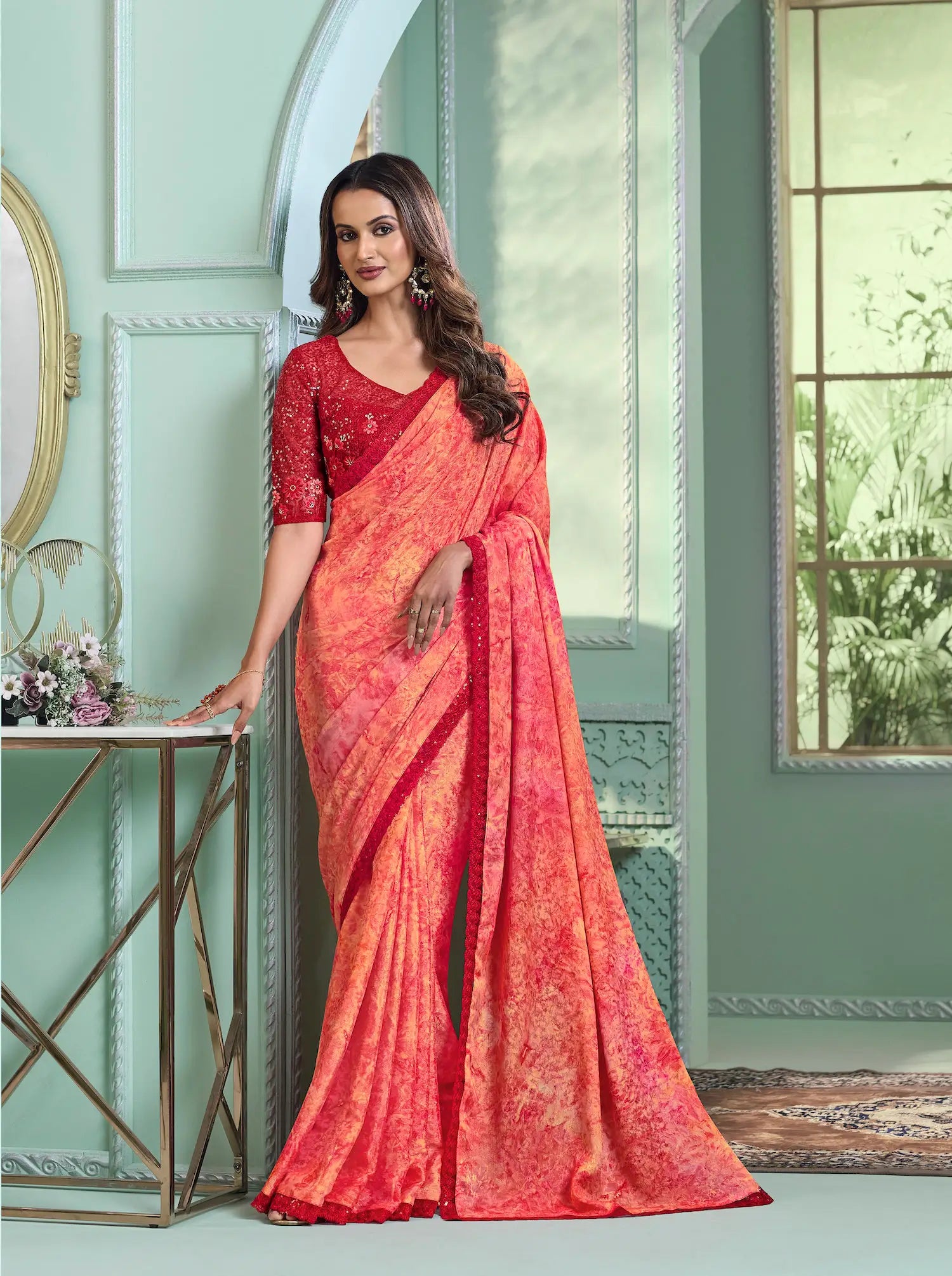 Peach Crystal Chiffon Party Wear Saree With Sequence & Thread Embroidery Work - qivii
