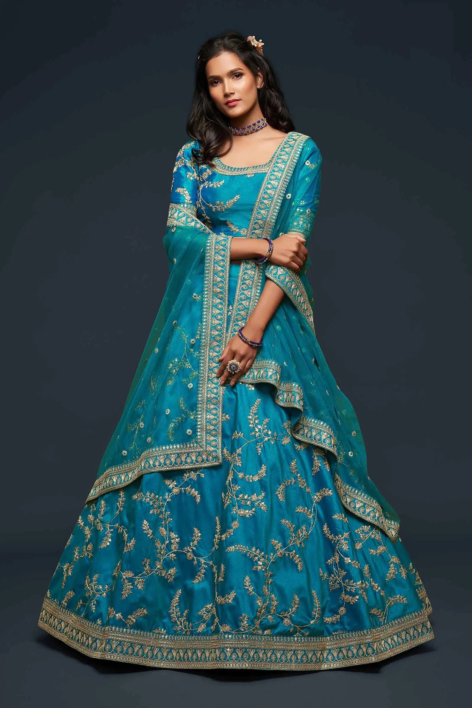 Teal Blue Silk Lehenga Choli With Thread Zari Dori And Sequins Embroidery Work | Ready To Wear - qivii