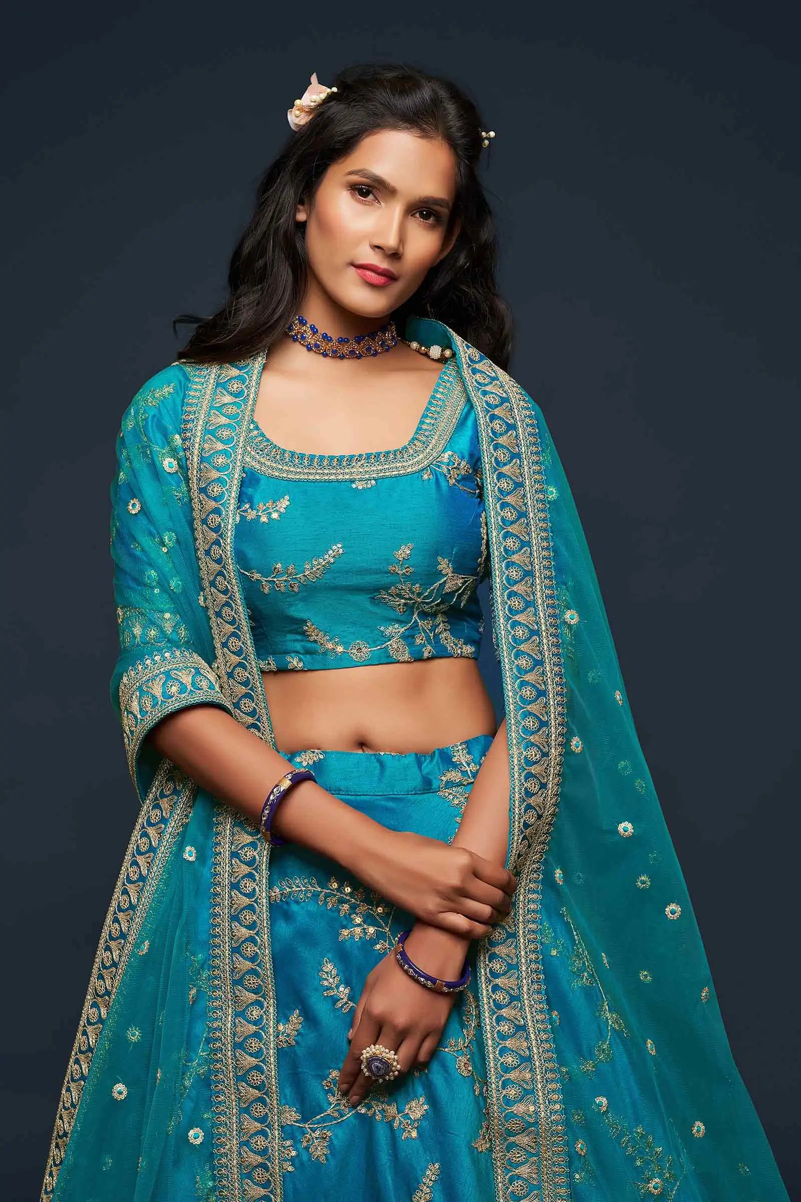 Teal Blue Silk Lehenga Choli With Thread Zari Dori And Sequins Embroidery Work | Ready To Wear - qivii