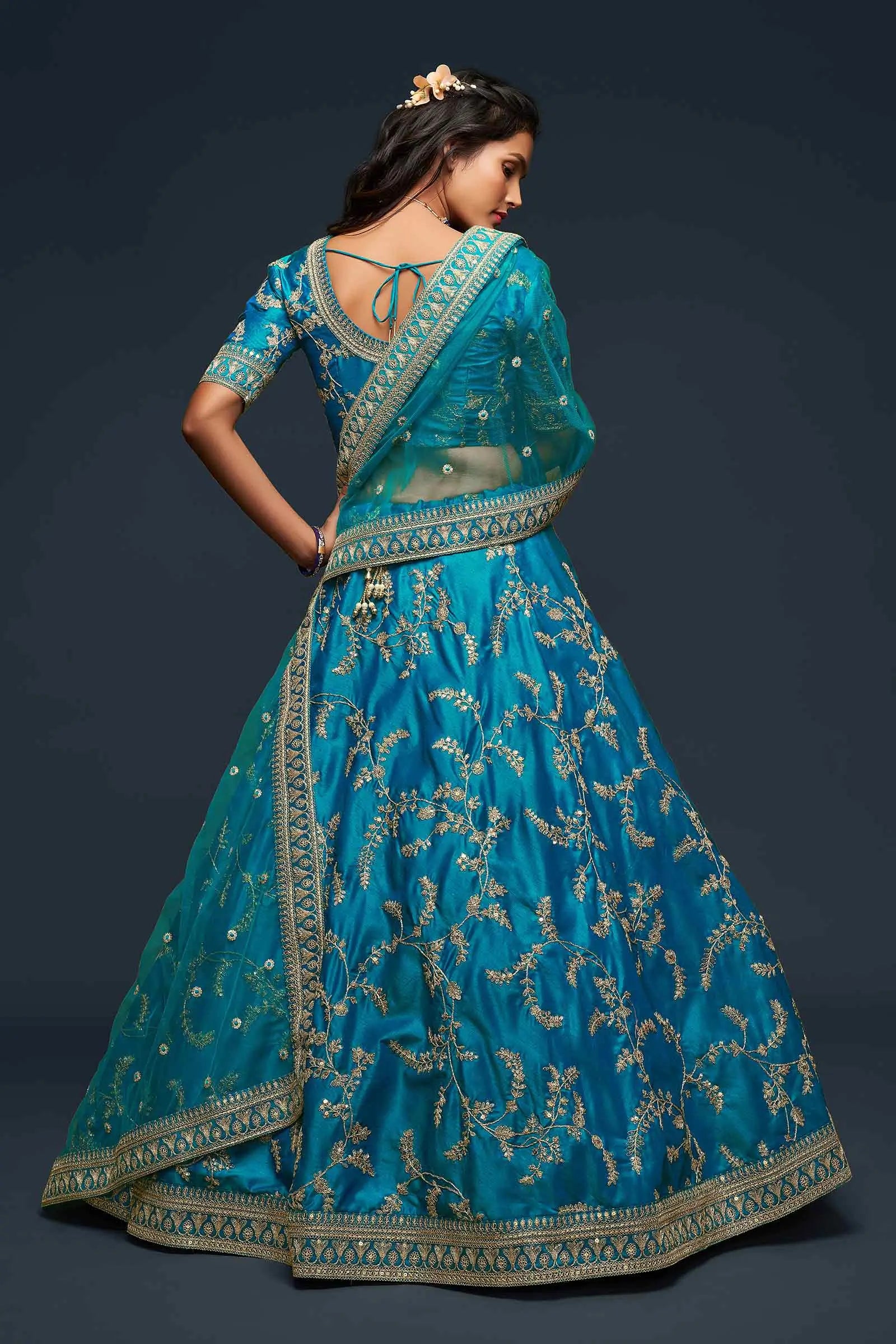 Teal Blue Silk Lehenga Choli With Thread Zari Dori And Sequins Embroidery Work | Ready To Wear - qivii