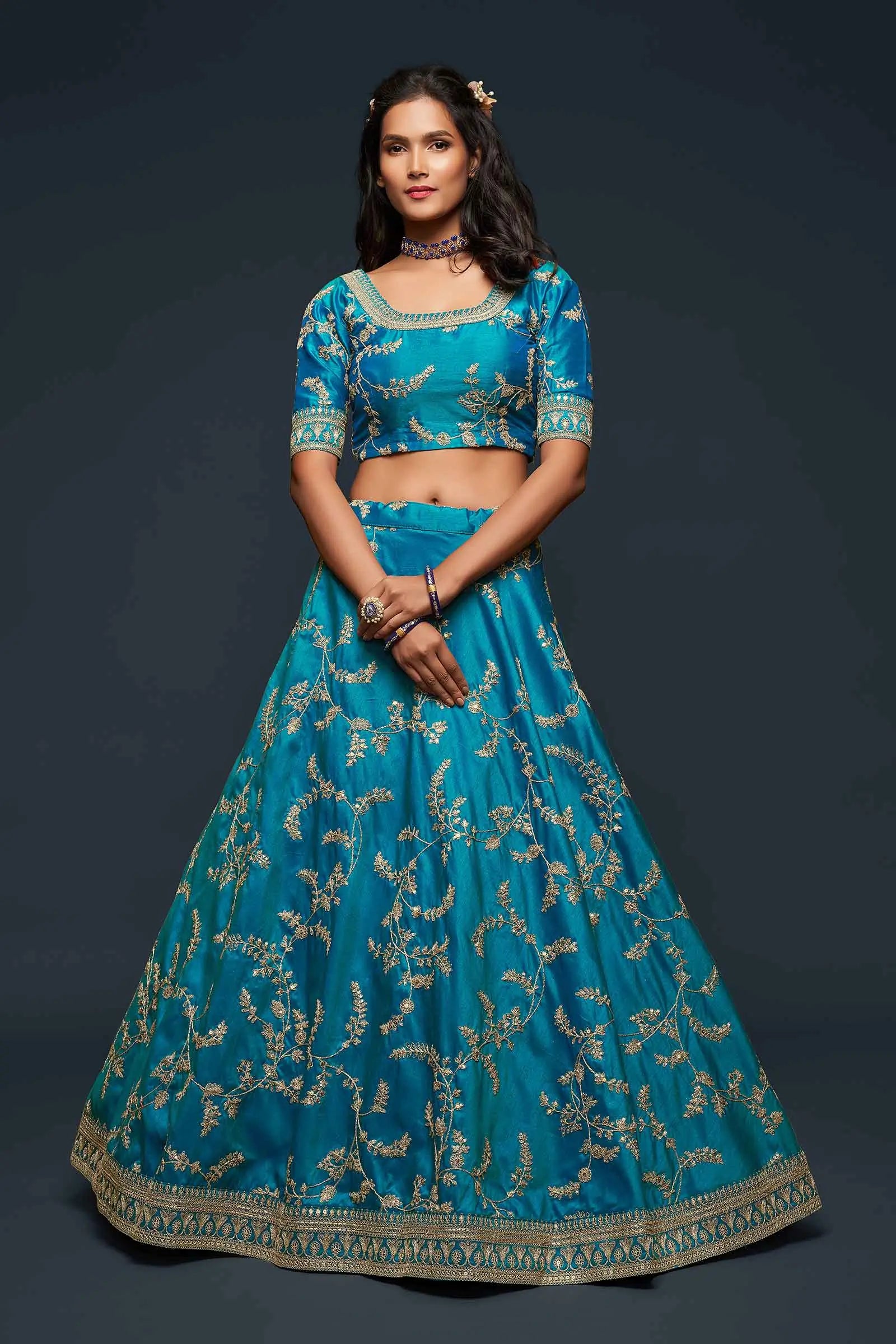 Teal Blue Silk Lehenga Choli With Thread Zari Dori And Sequins Embroidery Work | Ready To Wear - qivii