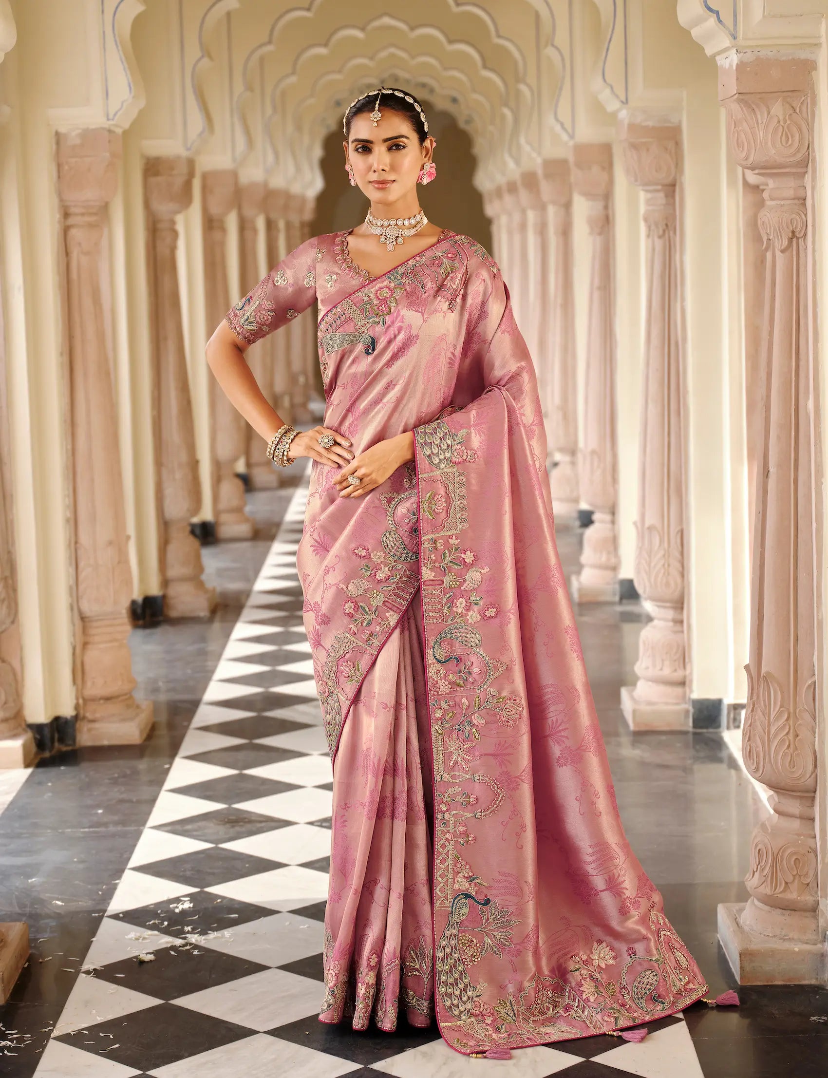 Dusty Pink Jacquard Silk Embroidery & Hand Work Saree - qivii