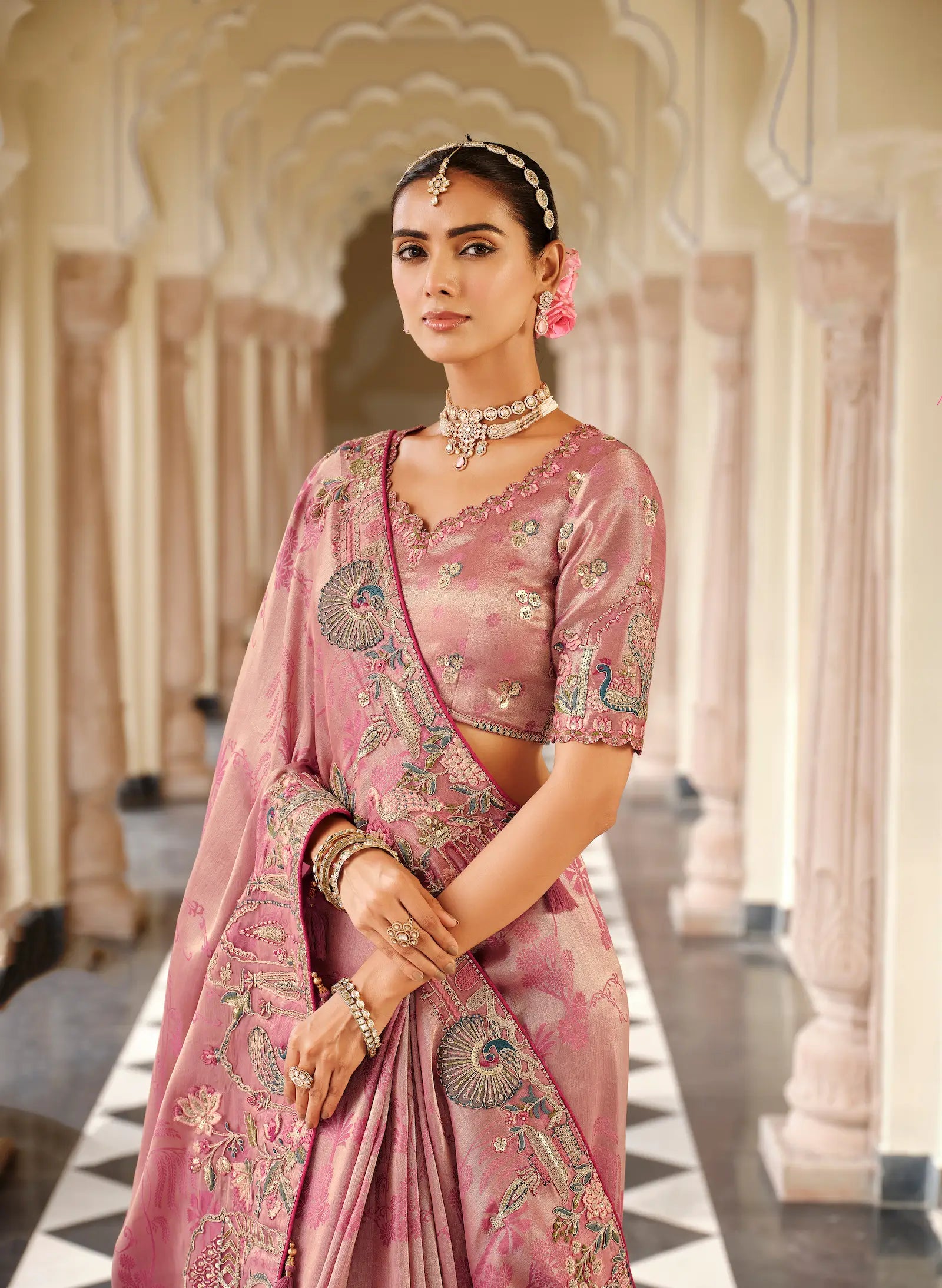 Dusty Pink Jacquard Silk Embroidery & Hand Work Saree - qivii